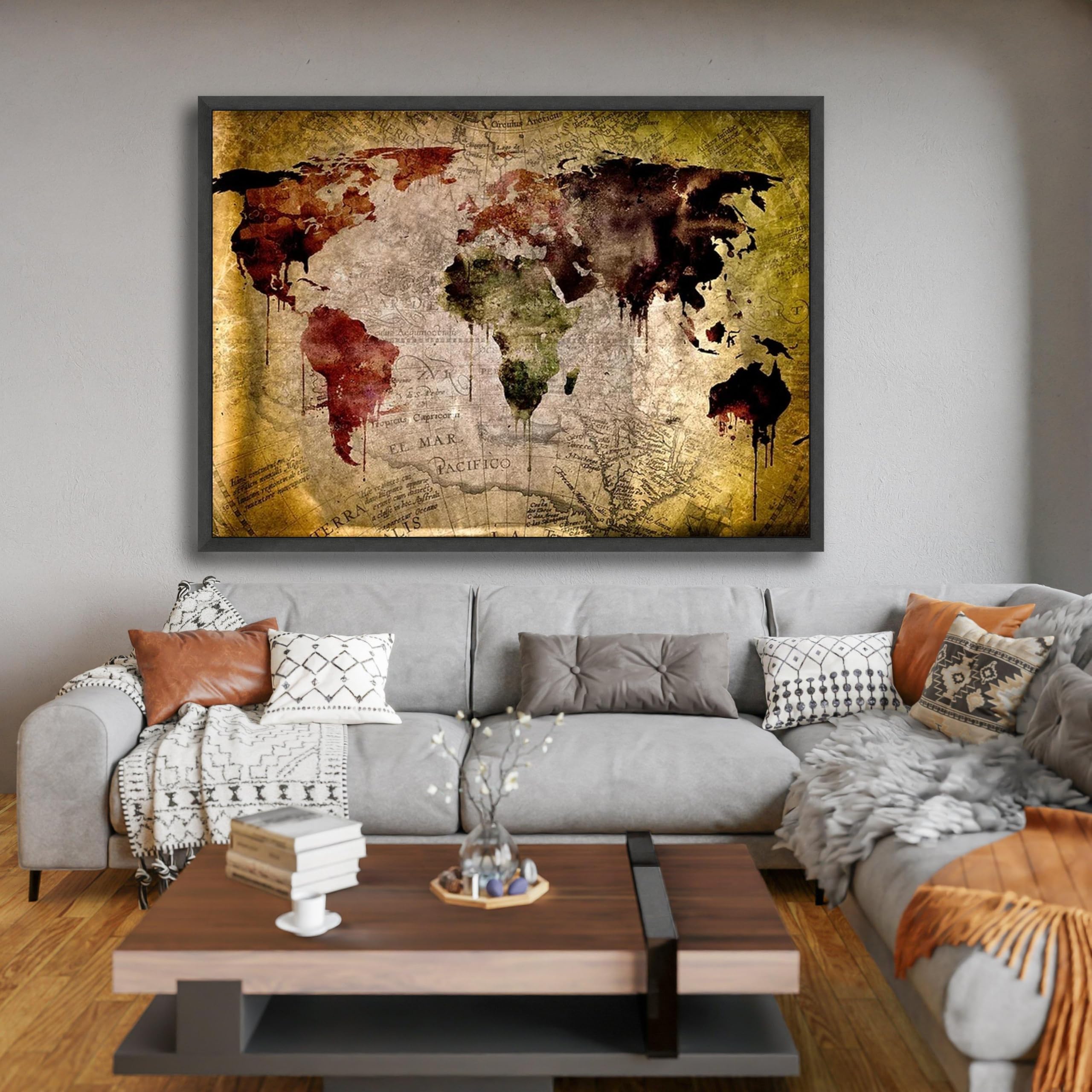 YUSUZHU Vintage-Landkarten-Leinwandbild, Wandkunst im Antik-Stil, rustikale Wohndekoration, Geografie-Druck, gemalte Kartenkunst, fertig zum Aufhängen (50 x 75 cm/Innenrahmen)