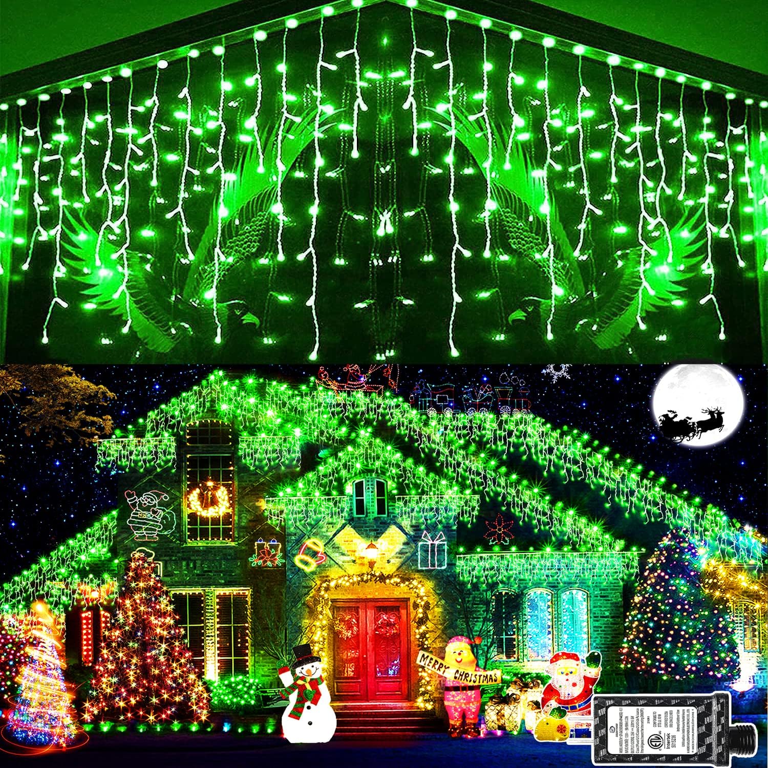 KNONEW 99ft 1216 LED Christmas Lights Outdoor Decorations with 228 Drops, 8 Modes Curtain Fairy Light, Clear Wire LED String Light Decor for Wedding Party Christmas (Green)