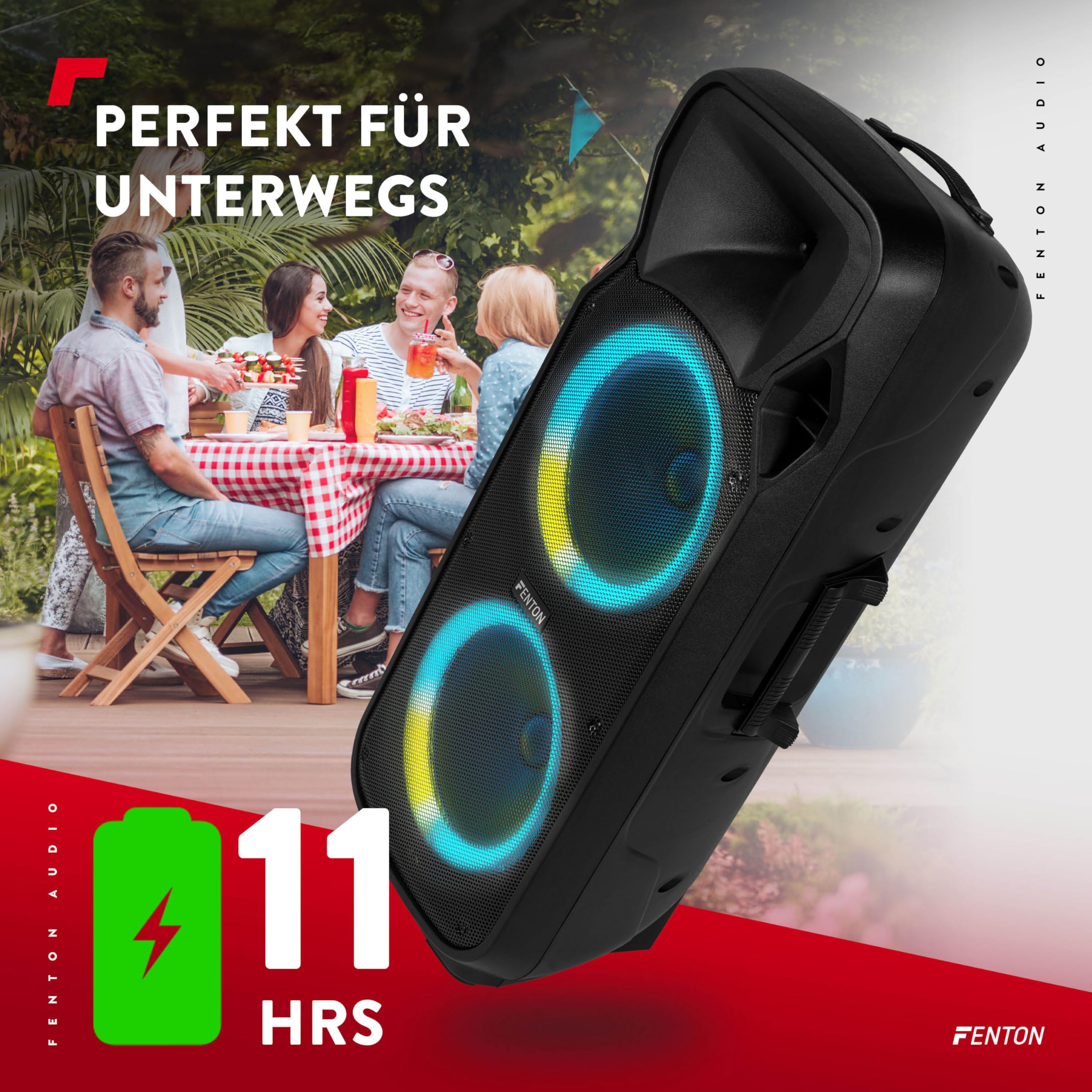 Fenton FT212LED MK2, Partybox Bluetooth Lautsprecher Groß 1400W, Musikbox Bluetooth Groß, 15" LED Subwoofer, Mikrofon, Akku- Netzbetrieb, AUX Eingang, USB Media-Player, Stereo-Pairing, Party Box