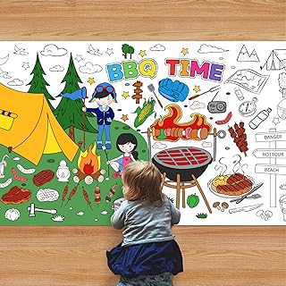 BBQ Camping Giant Coloring Poster - 31x70 Inch Large Coloring Tablecloth Banner DIY Drawing Paper Sheet for BBQ Camping Picnic Birthday Party Backdrop Decorations