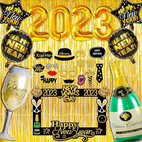 Suministros para fiesta de Nochevieja 2023, globos de aluminio, cortinas de flecos de papel de oropel, fiesta de Año Nuevo 2023, accesorios para