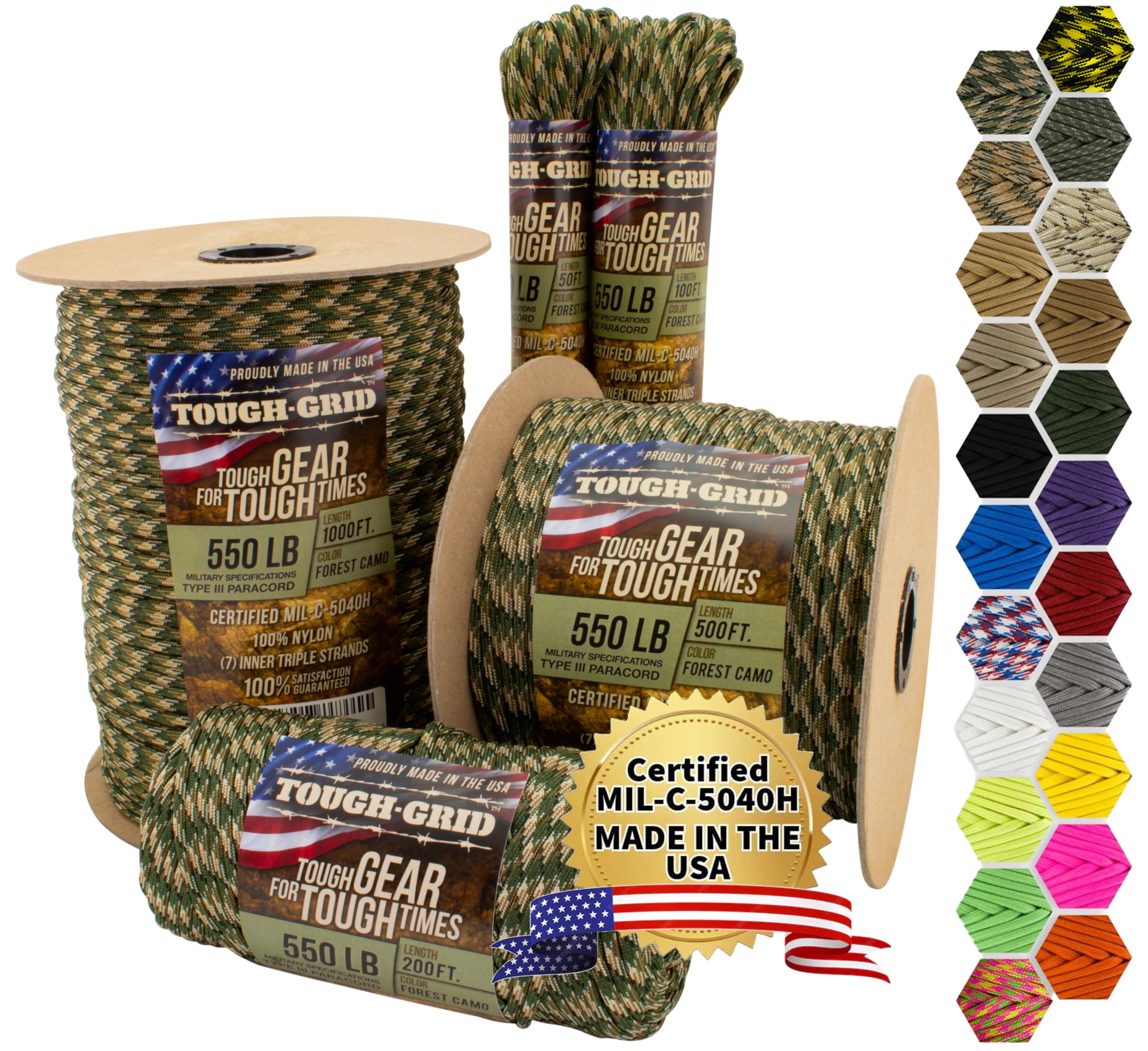 TOUGH-GRID 550 Paracord Rope Nylon Parachute Cord, Made in USA Survival Kit, Outdoor Adventures, Camping, Tactical Gear & Emergency Supplies, Military Type III Mil-Spec