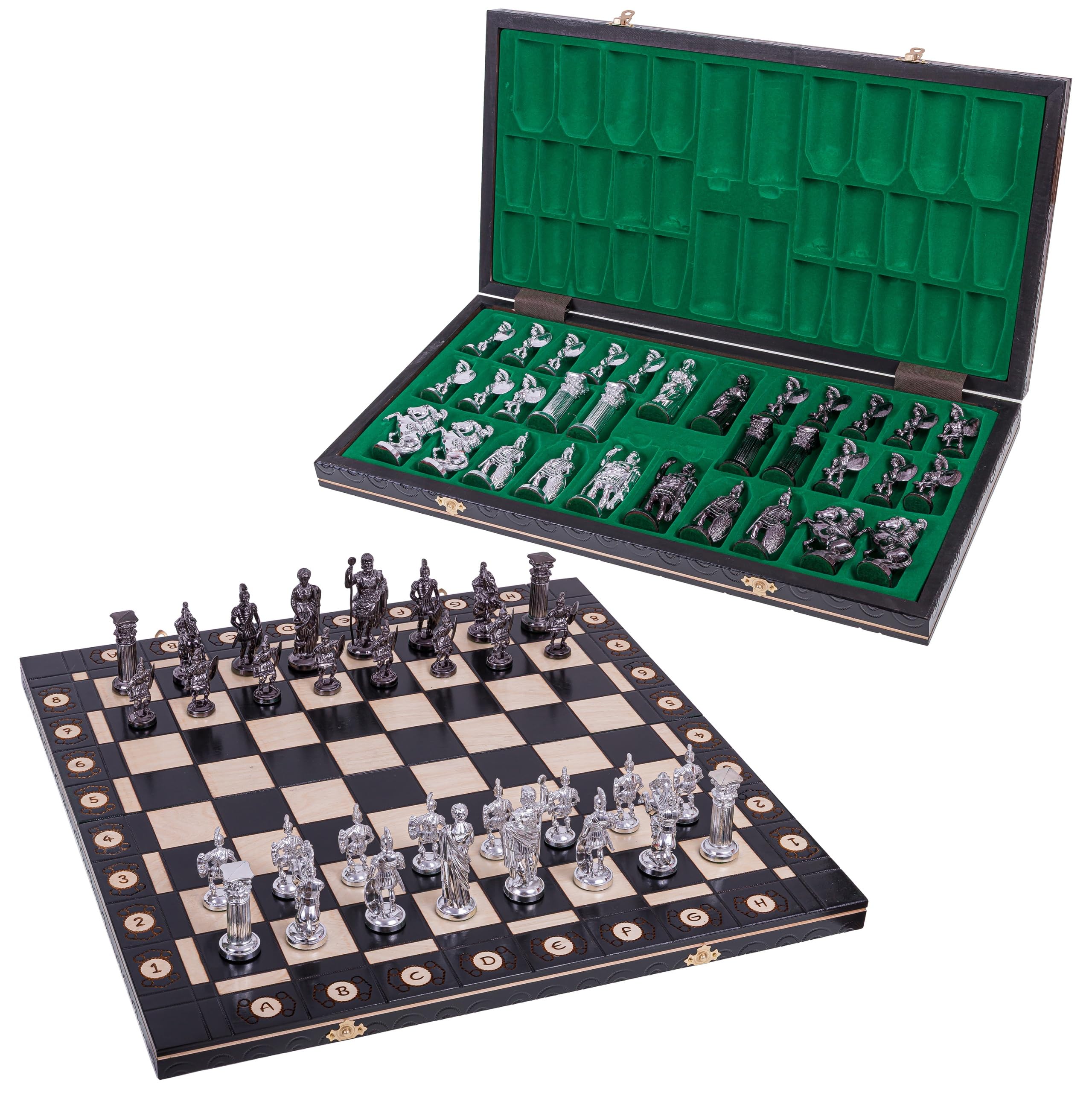 Square - Scacchi ROMANO SILVER - Scacchiera in Legno - 52 x 52 cm & Pezzi degli scacchi metallizzati
