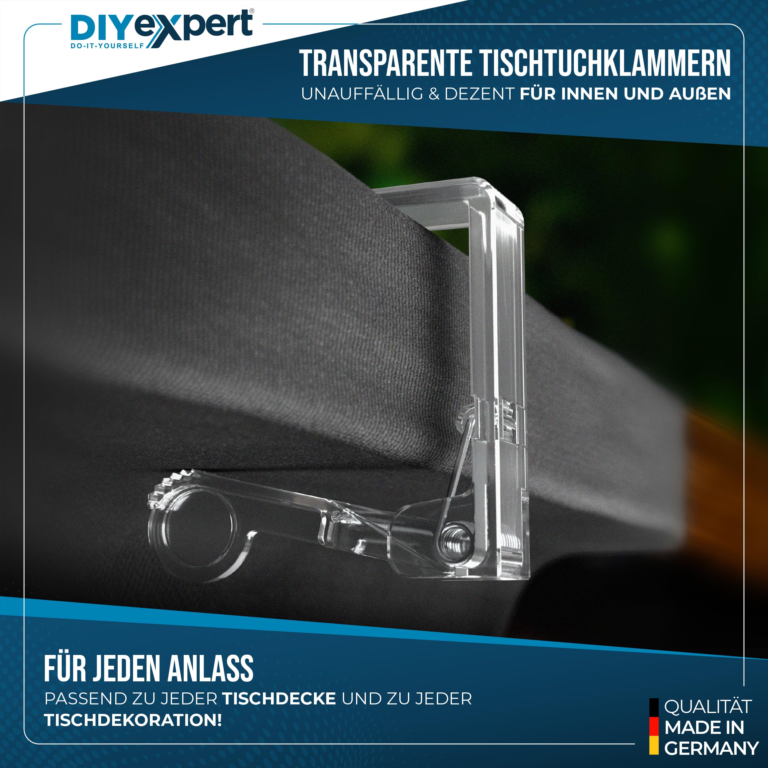 DIYexpert Przezroczyste klamry do obrusów, wyprodukowane w Niemczech, 4 sztuki, stabilne klamry do grubych stołów do 45 mm, odporne na warunki atmosferyczne i antypoślizgowe, do ogrodu, na balkon i do