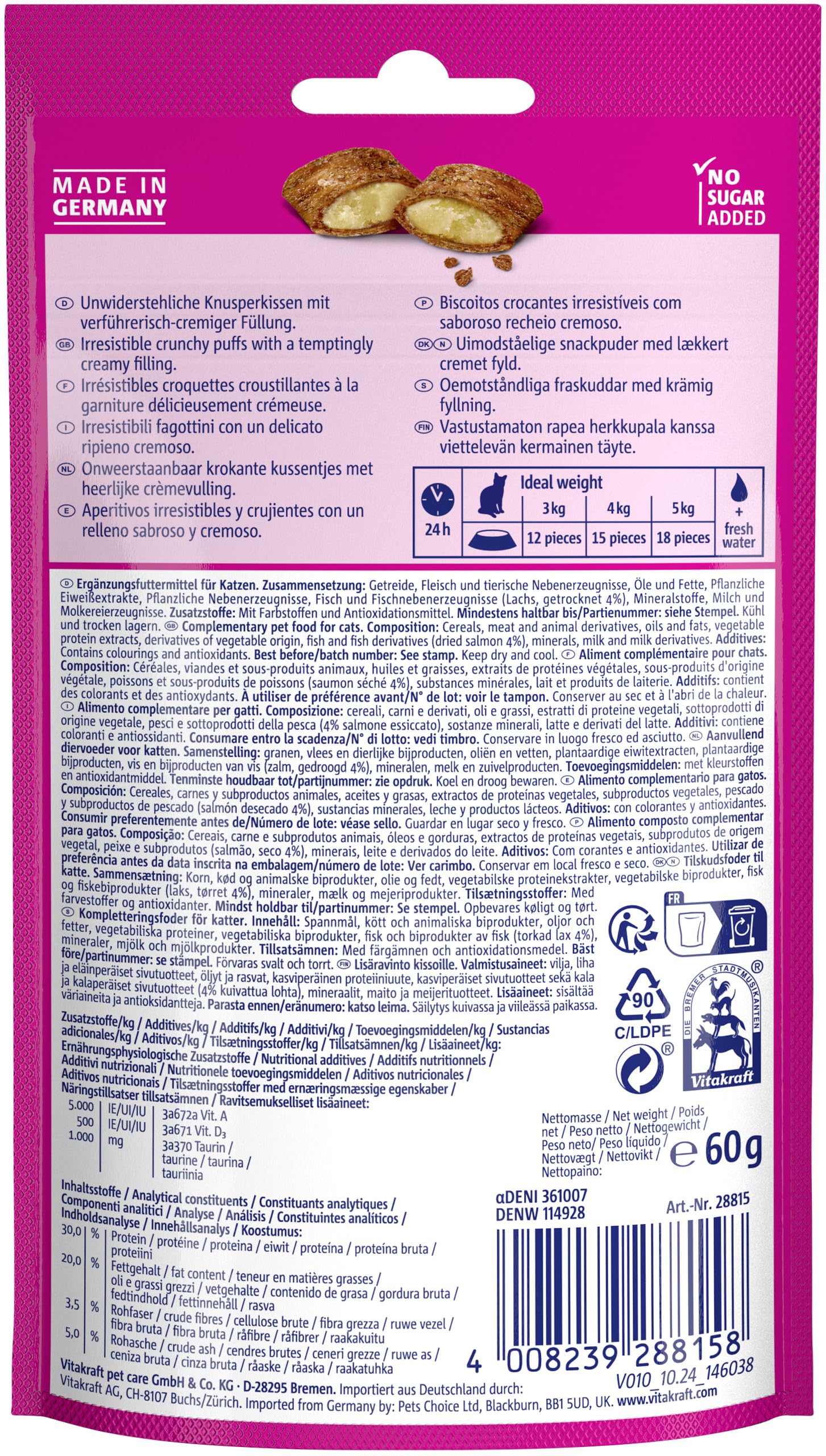 VITAKRAFT- Crispy Crunch Classic, Friandises pour Chats, Snack Croustillant Au Saumon, en Sachet Refermable, sans Sucres Ajoutés (1X 60G)