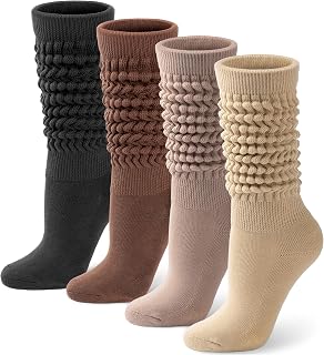HONGTEYA 4 Pairs Women's Slouchy Cotton Knee High Socks - Boot Socks Leg Warmers Scrunch Tube Soft Cozy Size 5-11
