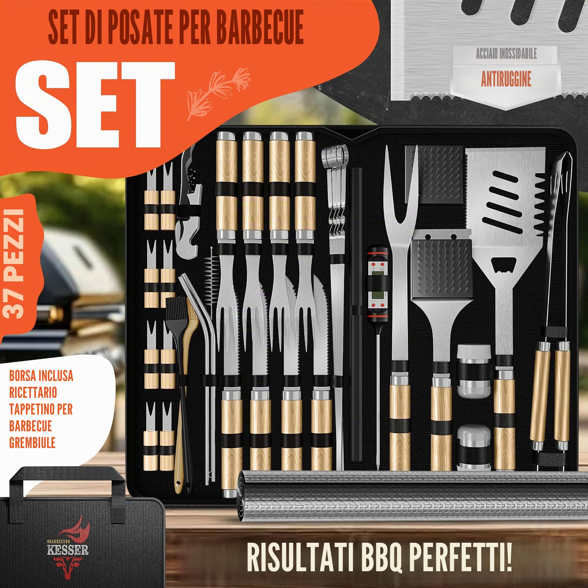 KESSER® Set di posate per barbecue, 37 pezzi, accessori per barbecue in acciaio inox, con pinza, paletta per barbecue, spatola 4 in 1, forchetta per barbecue, spiedino, termometro, cavatappi
