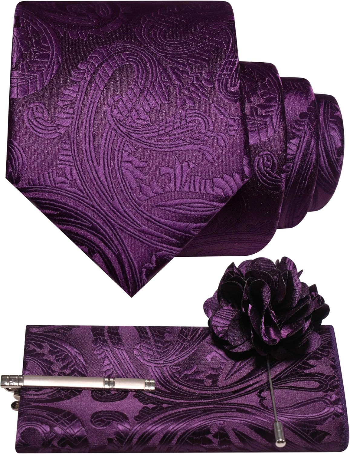 RBOCOTT Mens Paisley Tie Woven Necktie Pocket Square and Lapel Pin with Tie Clip Set for Business Wedding 4PCS