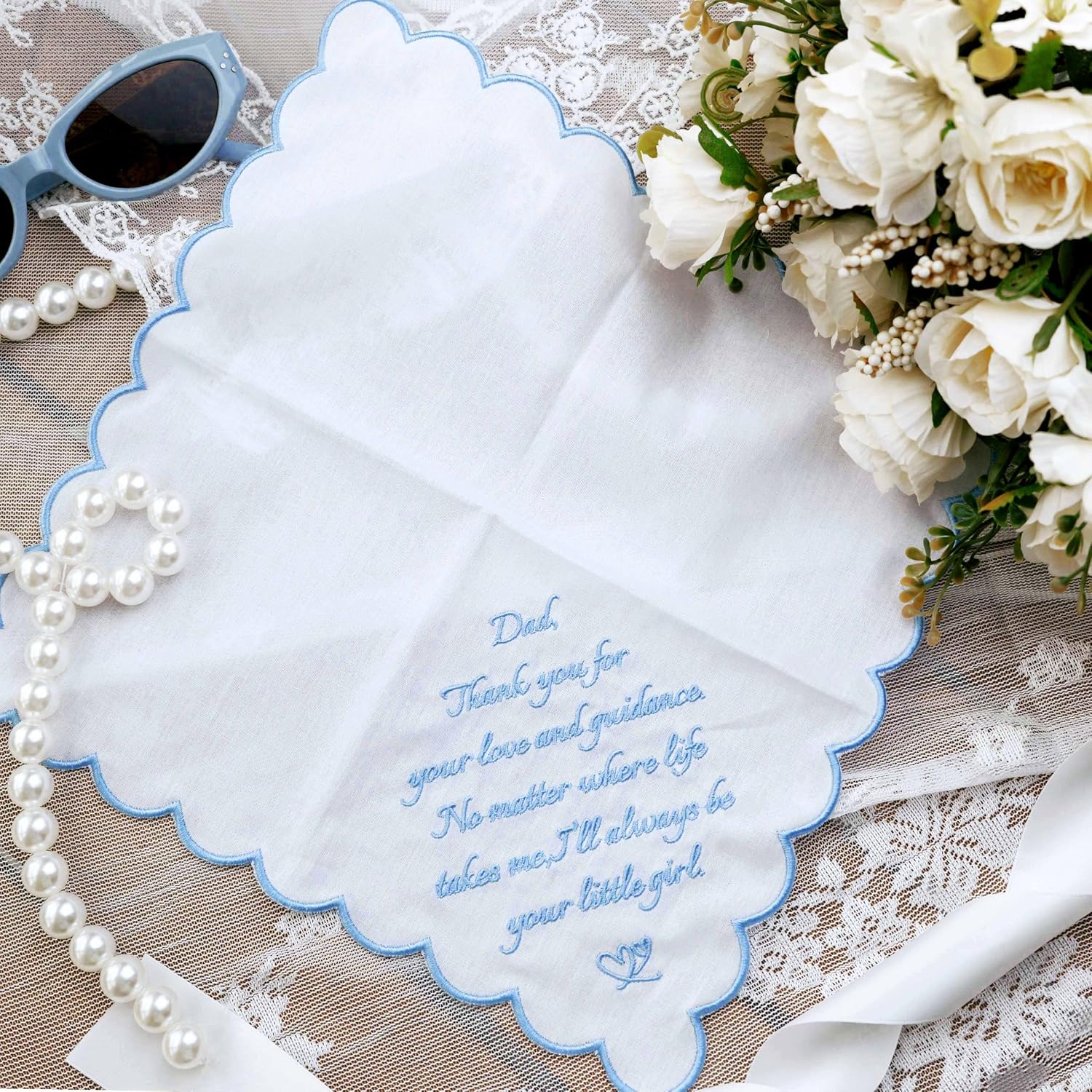 Something Blue Wedding Handkerchiefs for Bride, Embroidered Wedding Gift for Husband Mom Dad