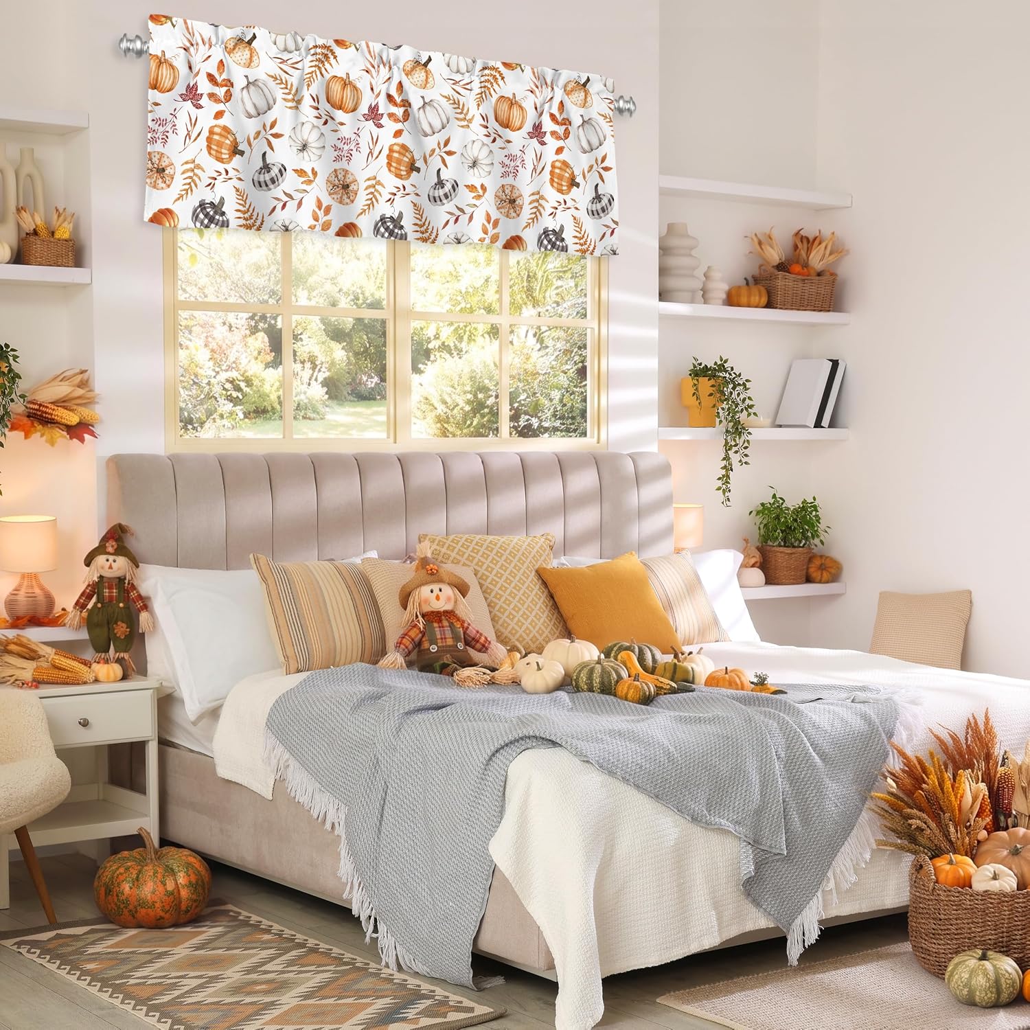 Fall Valance for Windows Autumn Leaves Pumpkin Kitchen Valance 1 Panel Short Curtain with Rod Pocket Farmhouse Window Treatments for Bedroom Living Room Bathroom 52 x 18 Inch