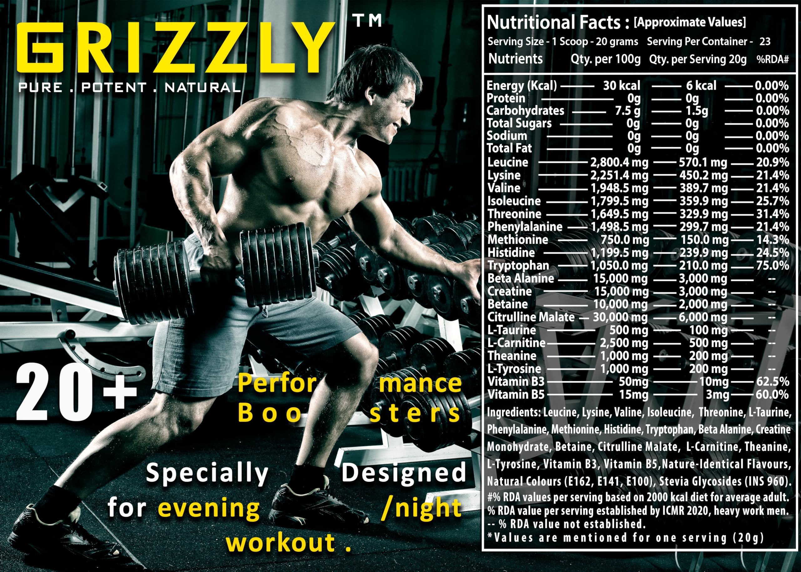 Grizzly Nutrition Night Hawk No Caffeine Pre Workout Powder, Stimulant-Free Energy, Focus & Muscle Pump with L-Citrulline, Creatine, 460g Pack, Strawberry, with 30g Energy Caffeine Pack — Amazon image 8
