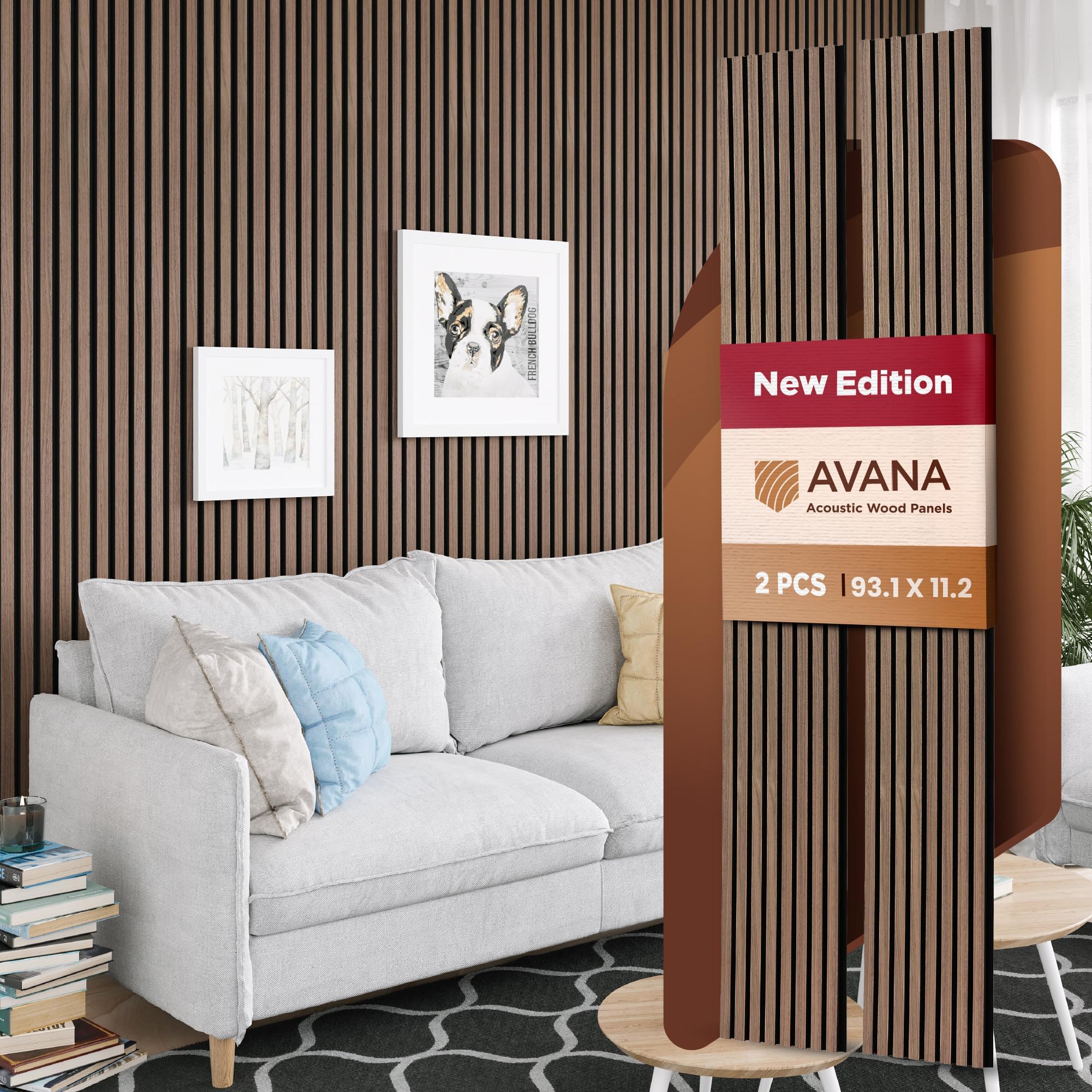 Avana Acoustic Wood Wall Panels – 93.2x11.25 Inch Panels – Fits 94x12 Layout – Walnut Acoustic Panels 2 PCs – Wall Panels for Interior Wall Decor for Homes, Offices – Durable Wood Panels for Wall
