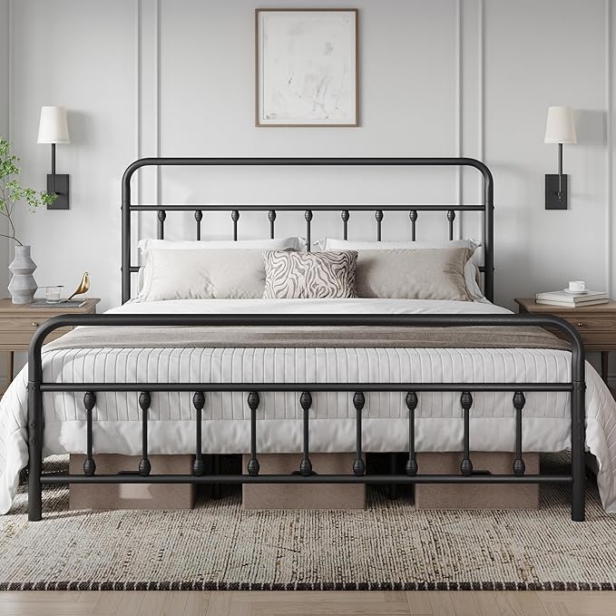 Yaheetech Classic Metal Platform Bed Frame Mattress Foundation with Victorian Style Iron-Art Headboard/Footboard/Under Bed Storage/No Box Spring Needed/King Size Bronze