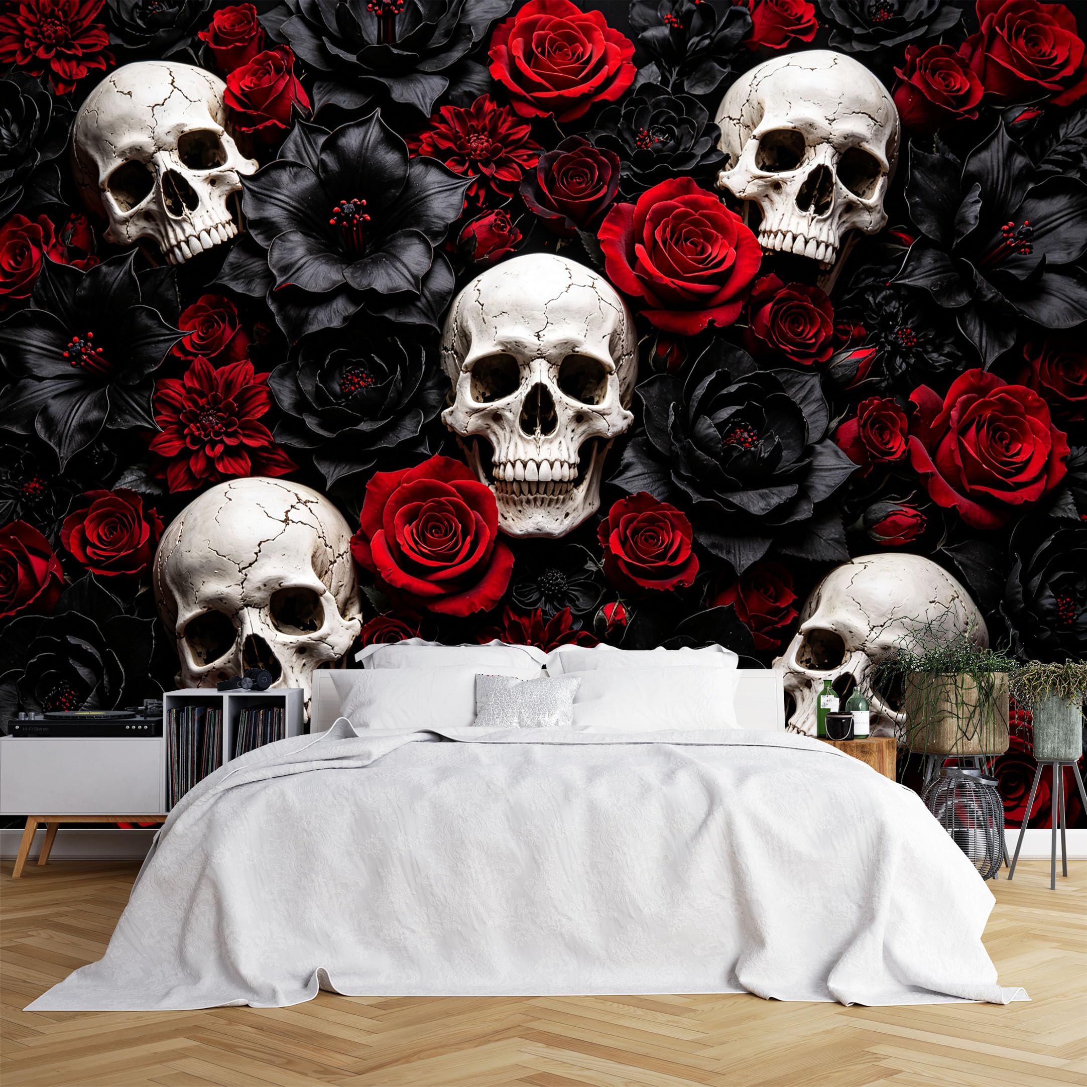 Lcythiazole Ch260615119 Custom Size Wall Murals White Skull Red Black Rose Gothic Floral Art Wall Murals Hd Dark Wallpaper Wall Stickers Self-Adhesive Removable Wallpaper For Game Room Bar