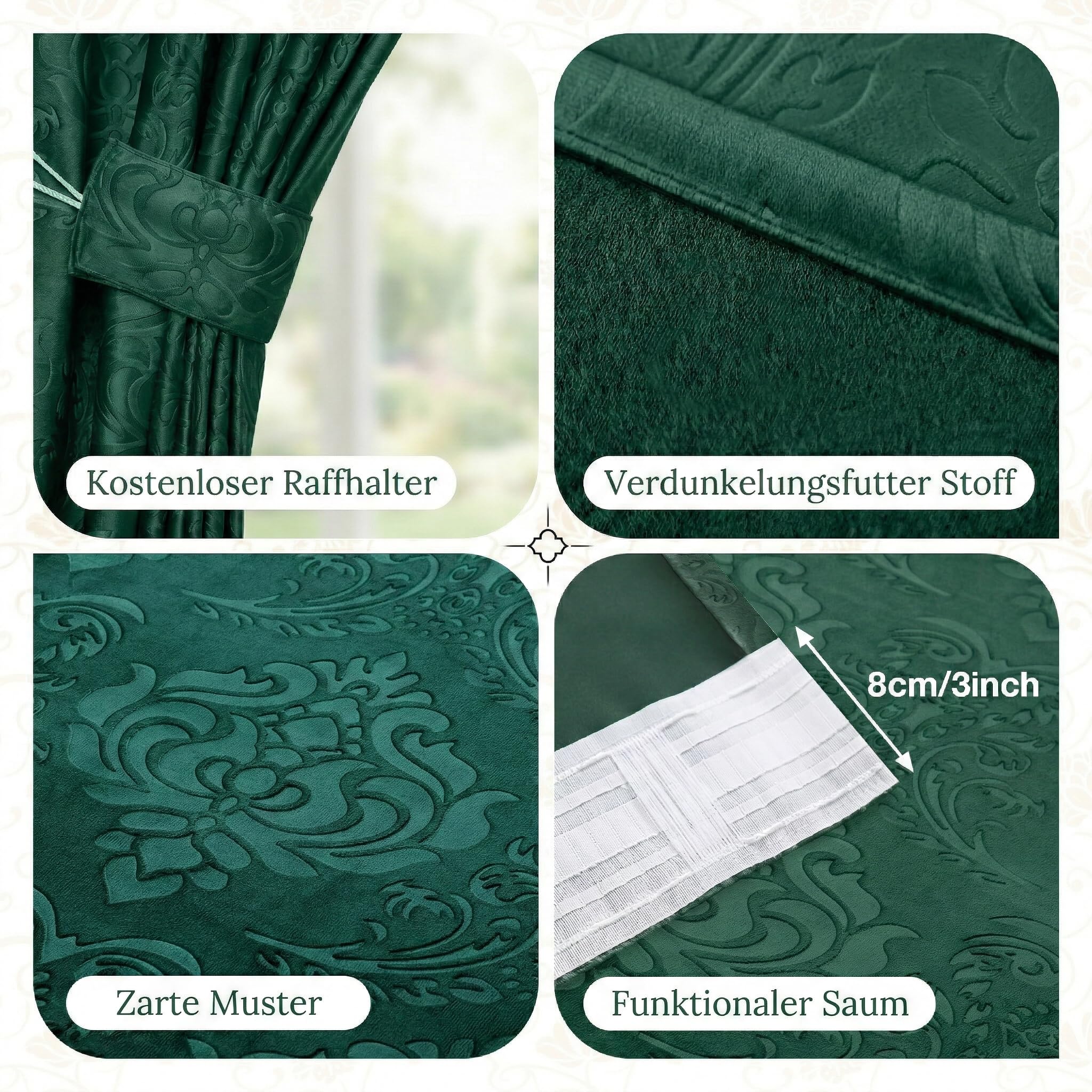 Samtvorhang Kräuselband Blumen Muster 2er Set, H260xB132CM, Luxus Verdunkelung Samt Multifunktionsband Thermovorhang Kälteschutz für Wohnzimmer & Schlafzimmer, 260gsm Velvet Gardinen(Tuscany Green)