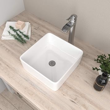 Mocoloo Square Bathroom Vessel Sink - 15 x 15 Inch Bathroom Sinks Above Counter Porcelain Ceramic Vanity Top Square Countertop Small Bathroom Modern Vessel Sinks