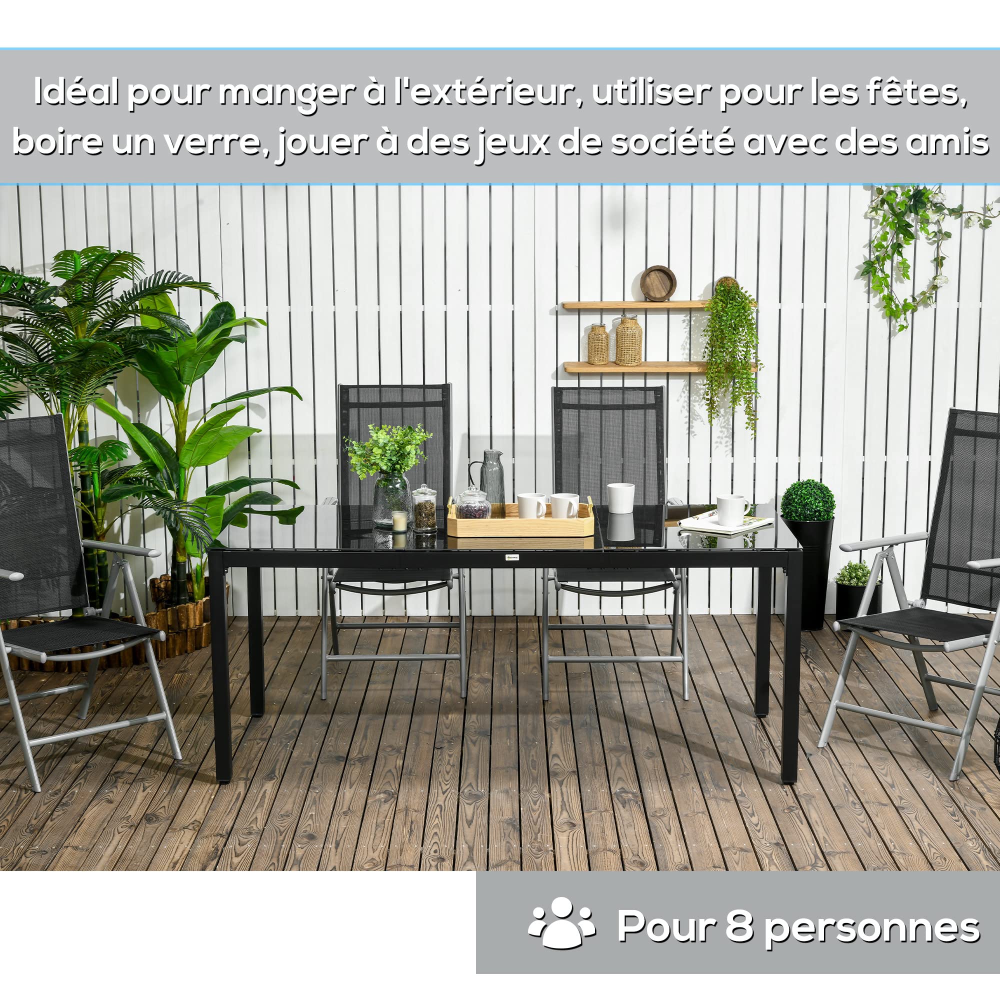 Outsunny Table de Jardin rectangulaire en Verre trempé Aluminium 180x80x72 cm Noir