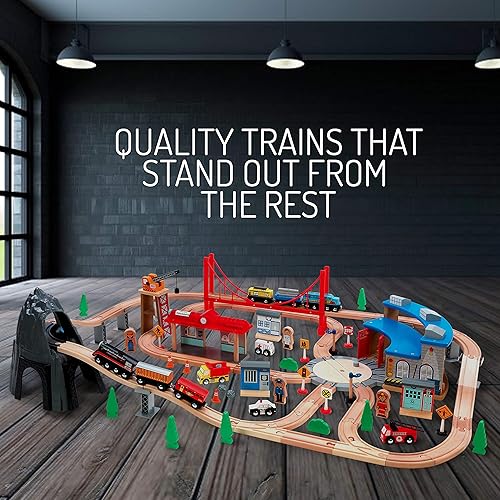 Miniatura 5 de Maxim - Juego de 100 piezas de tren de madera de montaña con casa redonda para niños pequeños con pistas de tren de doble cara para Brio Thomas