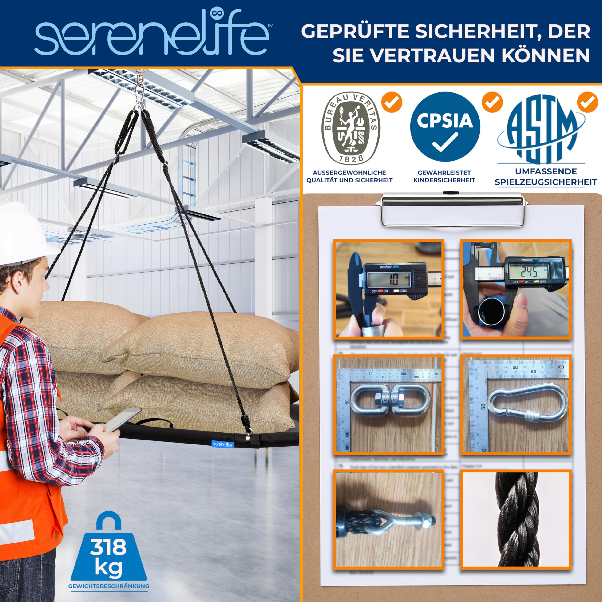 SereneLife Nestschaukel Indoor Outdoor, 170 cm Kinder Schaukel, bis 320 kg belastbar, ovale Baumschaukel mit Kissen für Garten, Kinder & Erwachsene, Schwarz