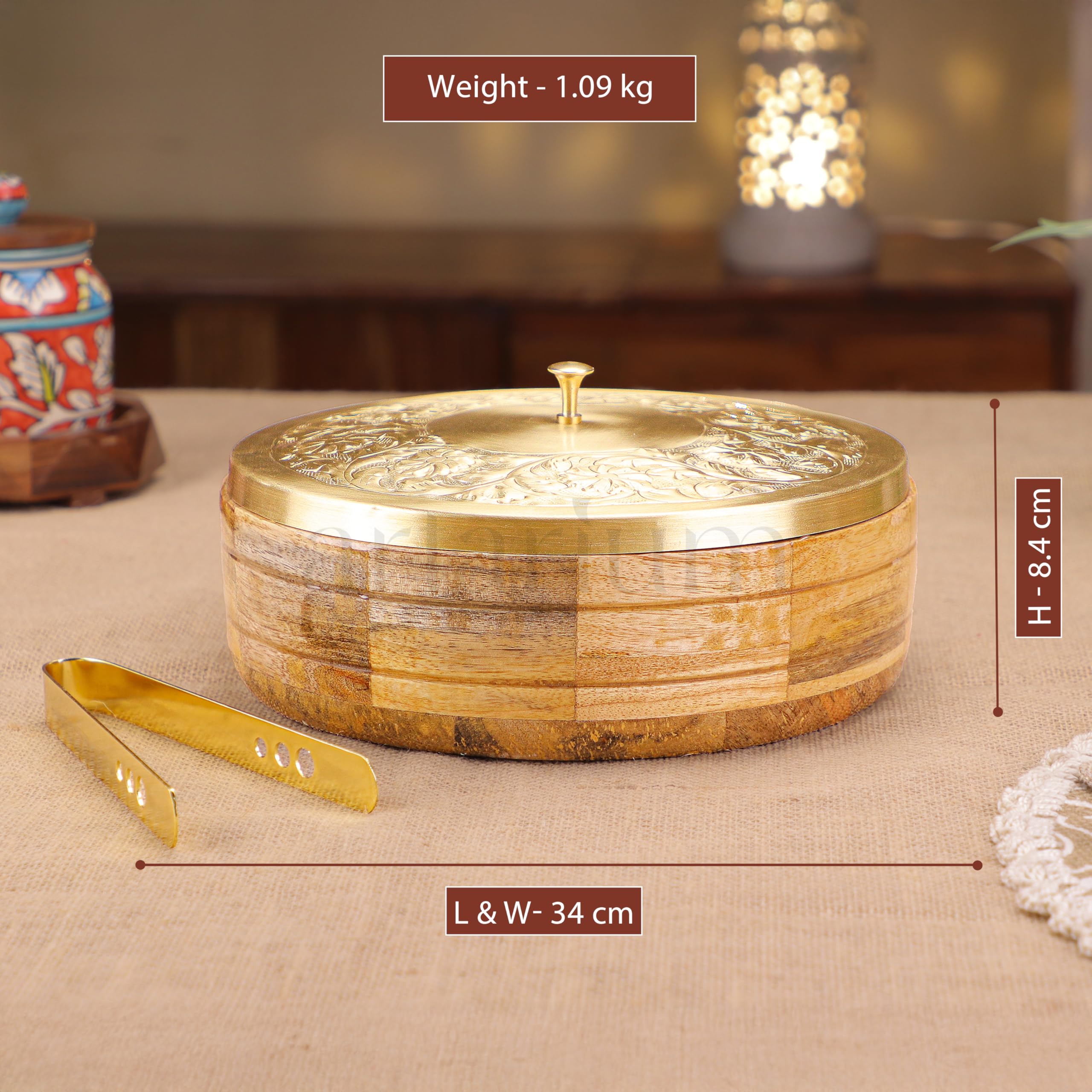 Artarium Handcrafted Premium Wooden Brass Roti Box With Lid Insulated Traditional Chapati Box Container Hotcase With Brass Tongs Durable Vintage Roti Dabba Hot Pots For Kitchen Dining (34x34x8.4) 2