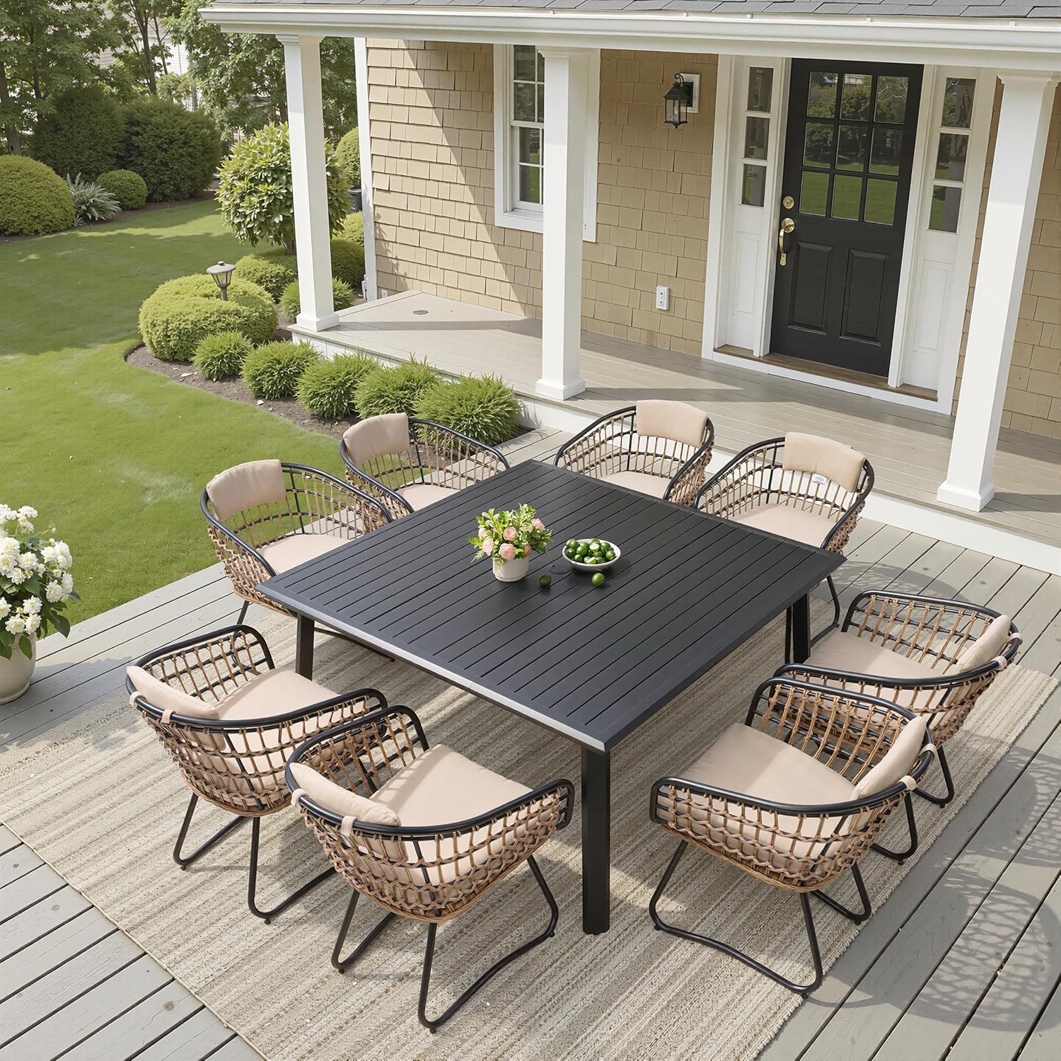 Pellebant 9-piece Outdoor Dining Set for 8 Person - Weather-Resistant Patio Dining Furniture Set, Square Aluminum Outdoor Table with Umbrella Hole, Wicker Chair with Cushion for Deck, Porch, Backyard
