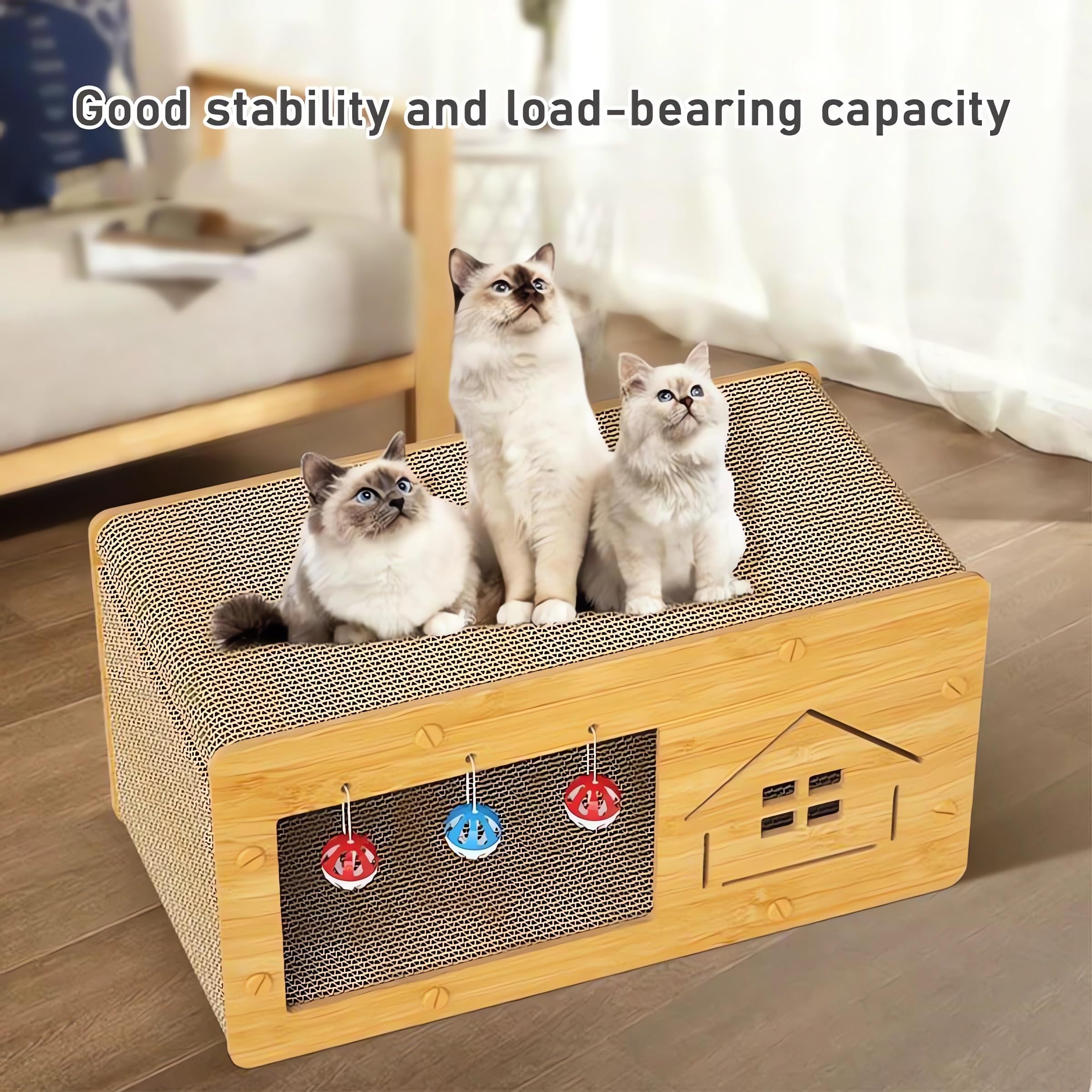 منزل خشبي وسرير للقطط، بتصميم فيلا كبيرة للحيوانات الأليفة مع وسادة من الورق المقوى للقطط مع جرس، ذاتي التجميع من اندهووم