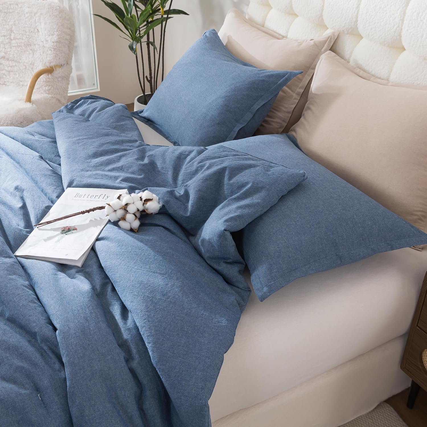 Caressma Comforter Set Twin Size Demin Blue, 100% Cotton Bedding Comforter Set, Breathable Soft Comforter (68"x90") for All Seasons with Pillowsham