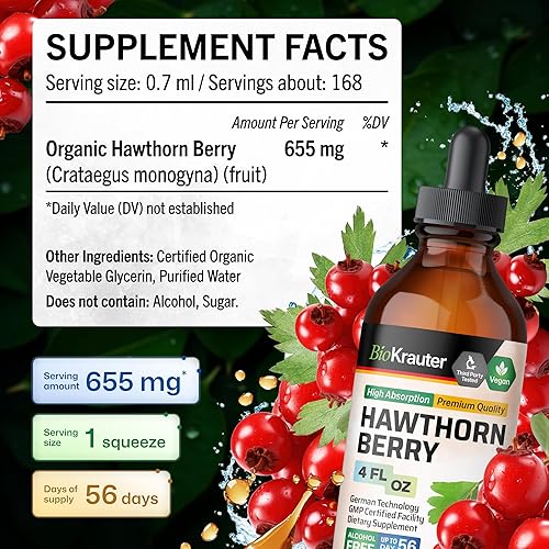 Miniatura 3 de BIO KRAUTER Suplemento Hawthorne Berry  Gotas líquidas de bayas de espino puro vegano de 655 mg por porción, 4 onzas líquidas, 56 días de