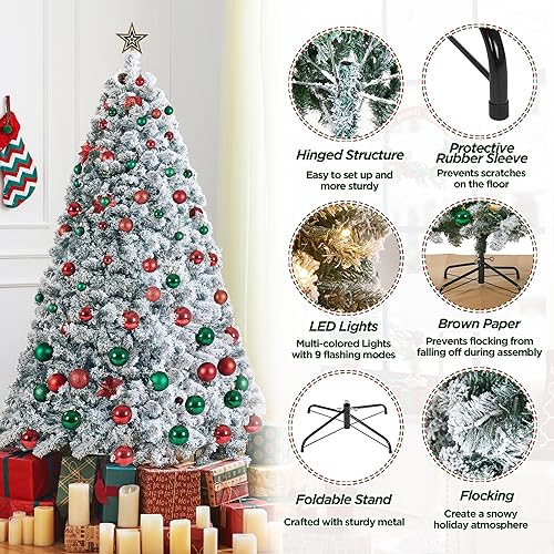 Miniatura 4 de Yaheetech Árbol de Navidad artificial de abeto preiluminado de 7.5 pies con bisagras flocadas de nieve con 550 luces LED multicolor y 1284 puntas de