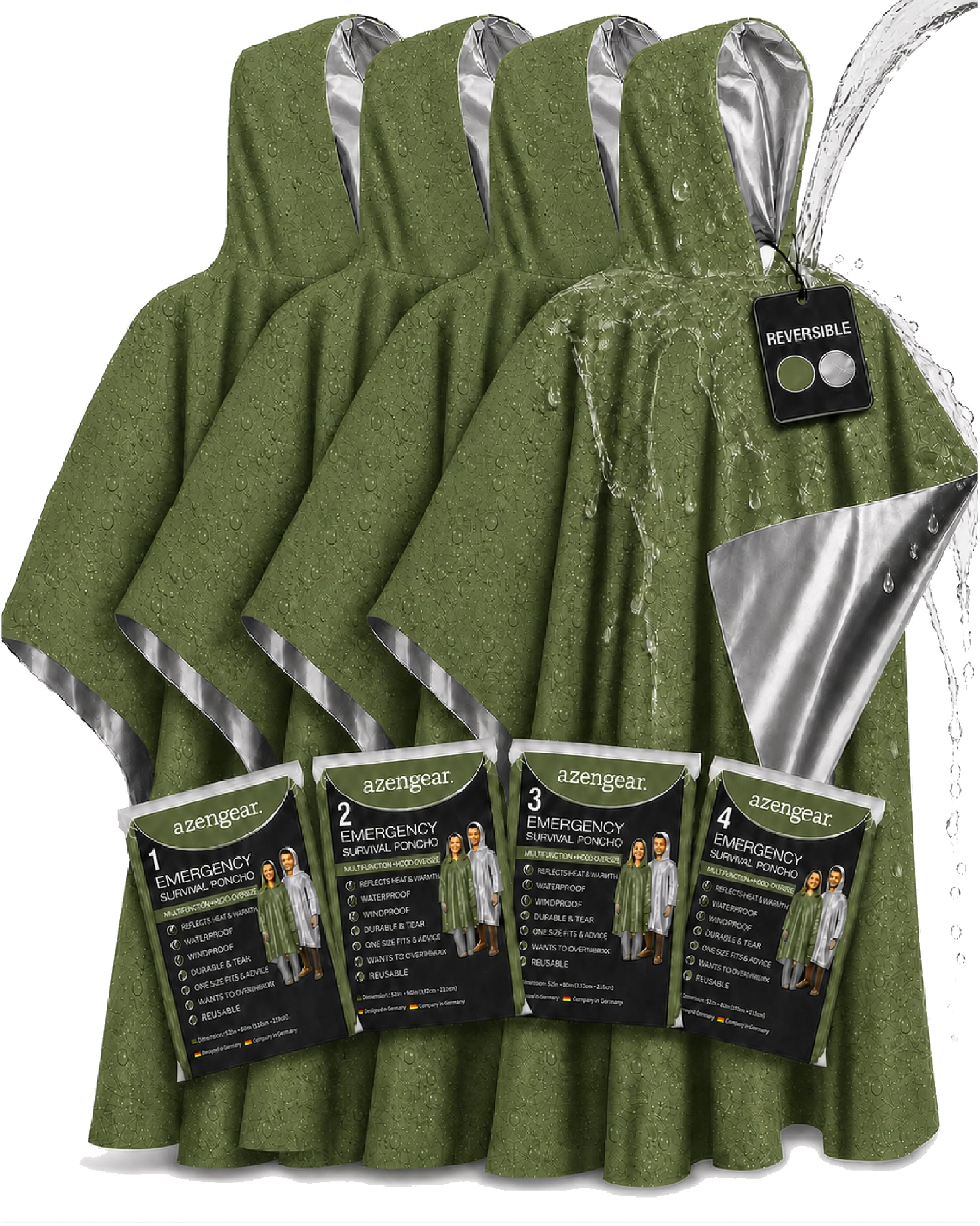 Emergency Survival Foil Poncho (4 Pack) Reversible Thermal Mylar, Green