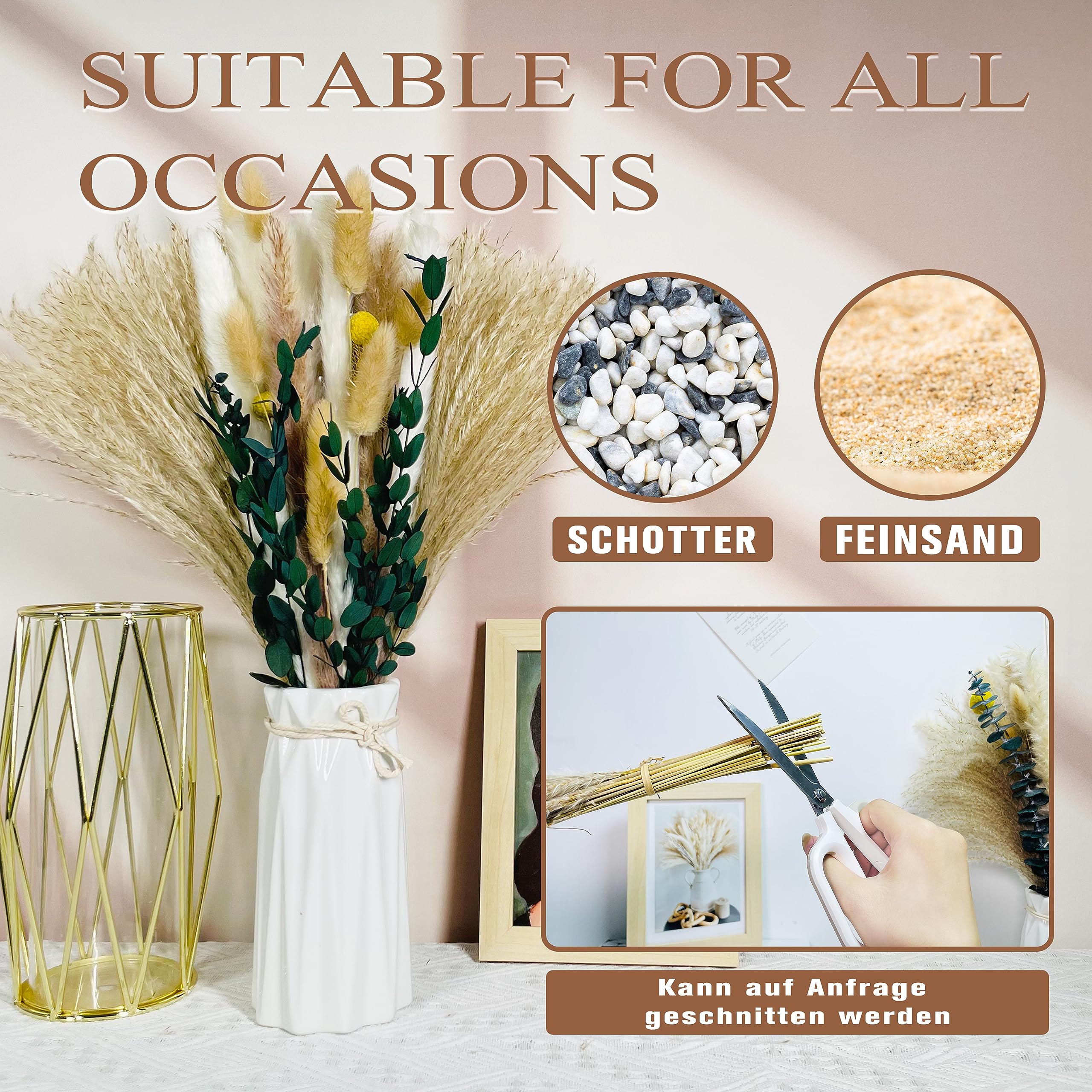 Pampasgras Gedroogd Decoratie,Natuurlijke Gedroogde Bloemen,Pampasgras Pluizige Bladeren,Pluizige Droogbloemen voor Bloemen, Arrangementen, Woondecoratie, Woonkamerdecoratie (65 stuks