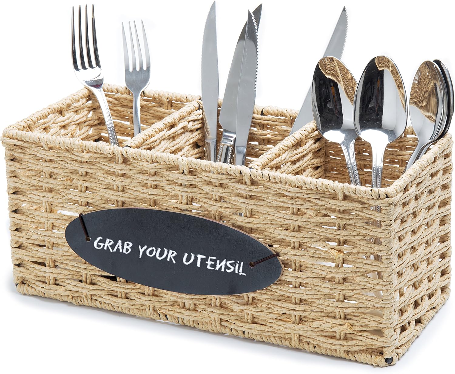 Natural Woven Seagrass Storage Basket with Chalkboard Label, Beige