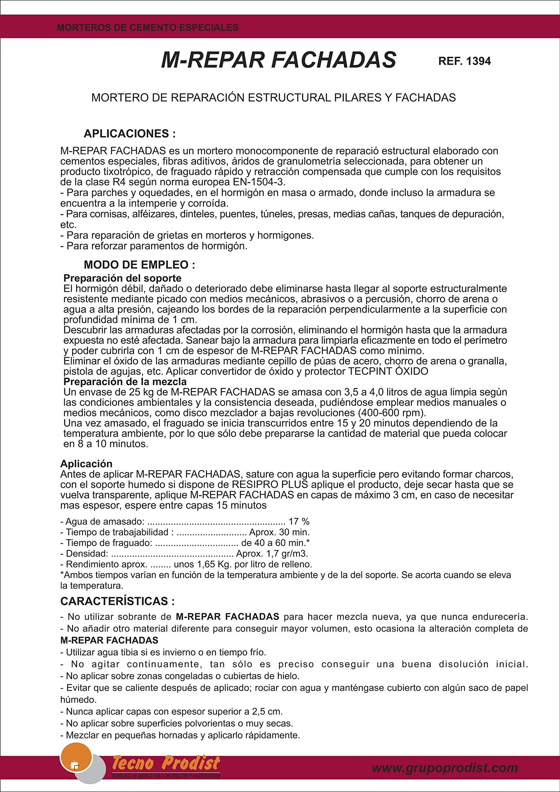 M-REPAR FACHADAS de Tecno Prodist - (10 Kg) - Mortero estructural para reparaciones de fachadas, cornisas, pilares. - Contiene cemento, áridos y fibras especiales