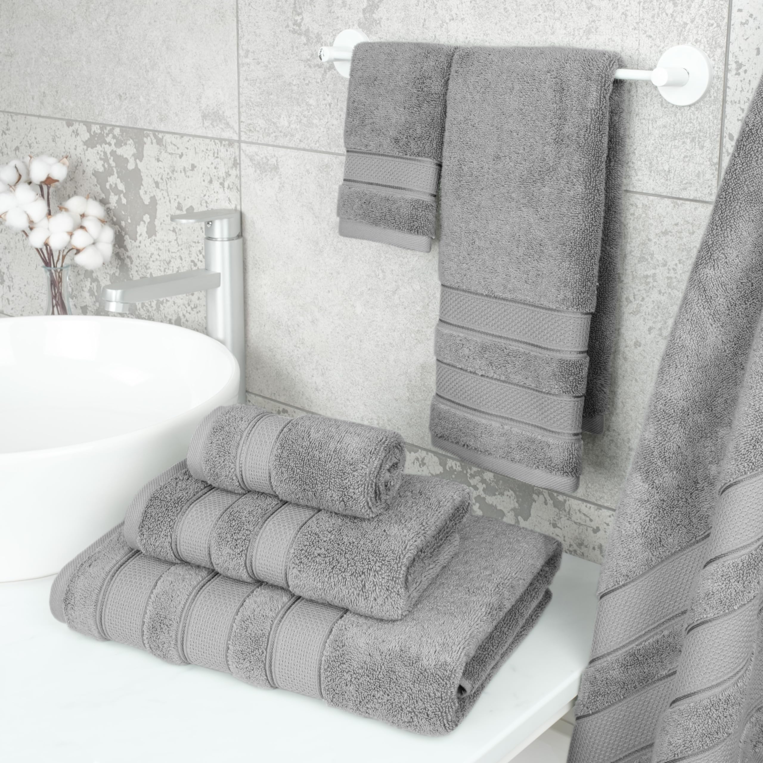 American Soft Linen Badetuch-Set, Salem Collection 100% türkische gekämmte Baumwolle, 6-teiliges Handtuch-Set, weich und saugfähig, 2 Badetücher, 2 Handtücher, 2 Waschlappen, Duschtücher, Hellgrau