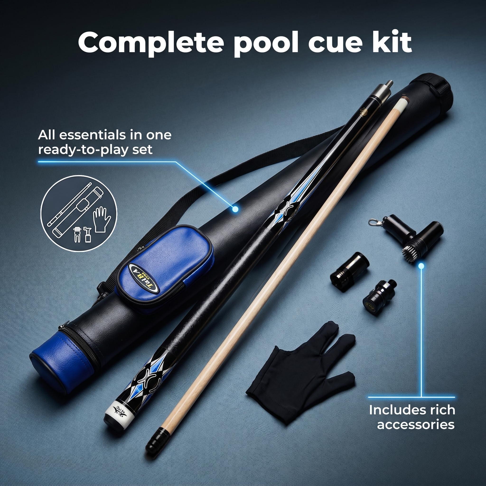 Tai ba cues Billard-Queuestab + Hartschalenkoffer, 13 mm Spitze, 147,3 cm, Hartholz, kanadischer Ahorn, professioneller Billard-Queue-Stick 18,19,20,21,22 g (wählbar), Blau, Schwarz, Rot, Grau, Grün