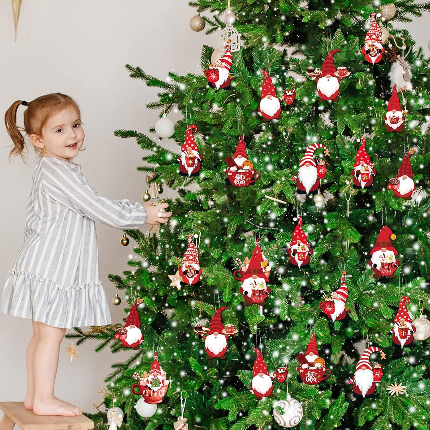 60 Pieces Christmas Hot Cocoa Wooden Gnome Ornaments Hanging Wood Decors Christmas Leprechaun Gnome Hanging Sign Ornaments Pendants with Ropes for Xmas Tree Home Decor