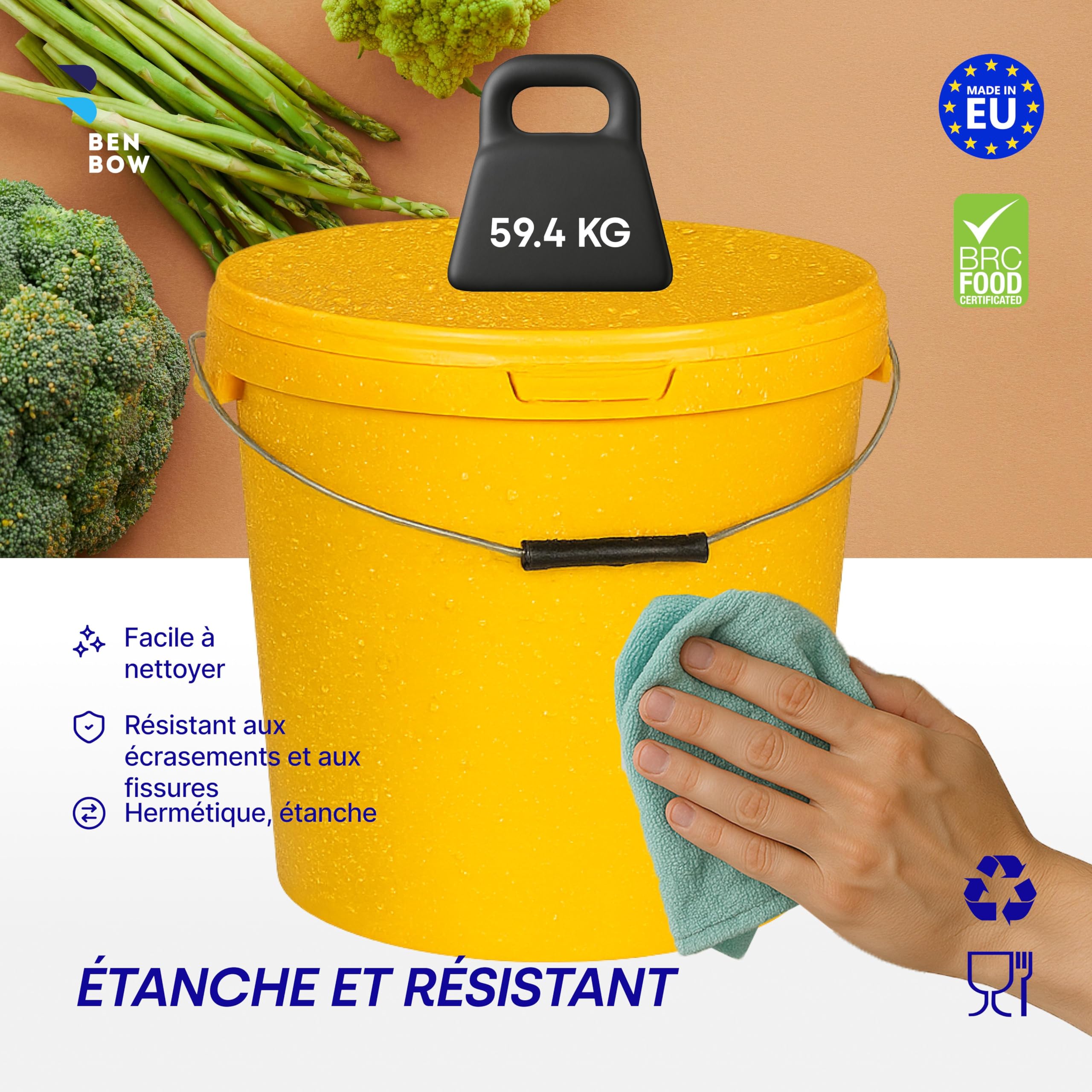 BenBow Seau avec Couvercle 20l Jaune 20x 20 Litre - Convient pour Aliments, atable, étanche à l'air, Anti-Fuite - récipient de Stockage pour Conservation en Plastique, avec Anse en métal - Vide