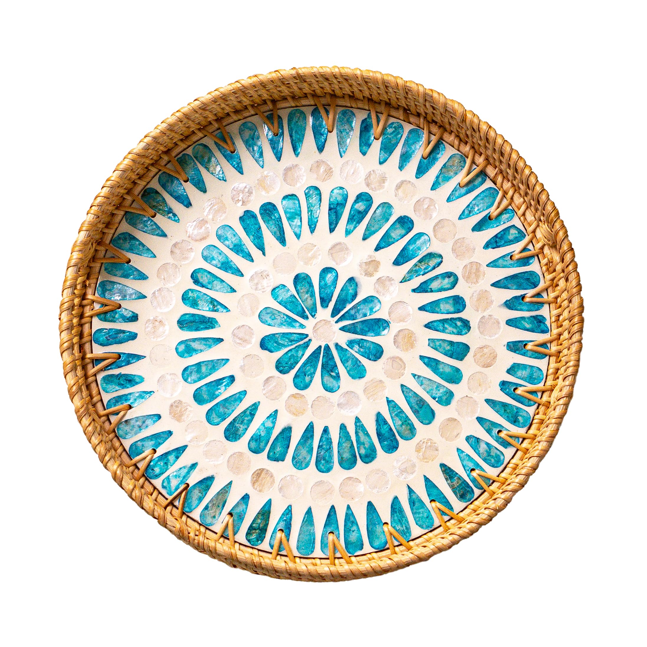 JUNGLE CULTURE Large Rattan Serving Tray 34 cm/14" with Mother of Pearl Inlay • Coastal Boho Collection • Handmade Serving Tray with Handles • Round Woven Table Trays for Home • Wicker Basket – Ripple