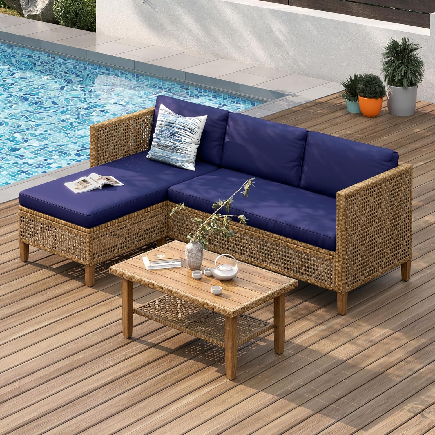 Assembled PHI VILLA Wicker Patio Furniture Set with Navy Blue Cushions