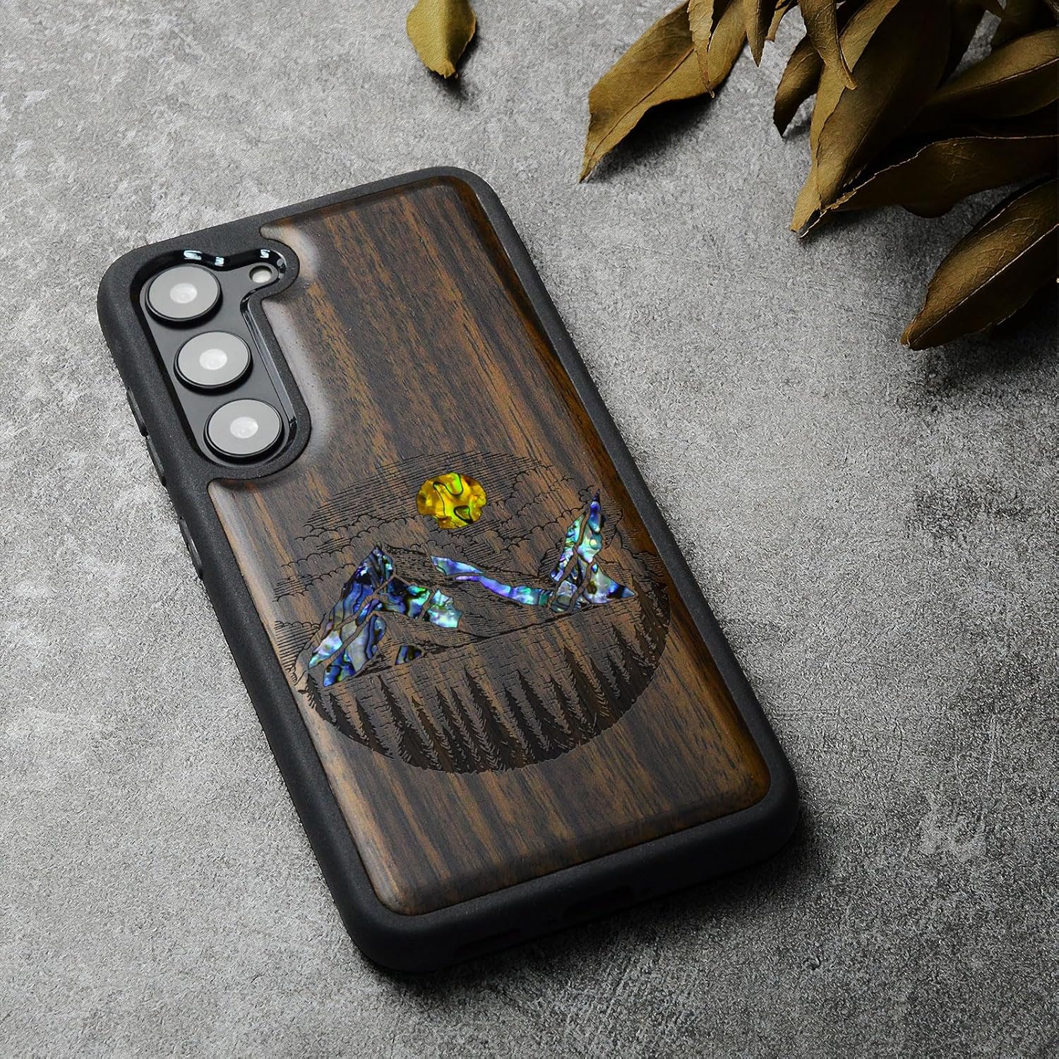 Carveit Designer Wooden Case for Samsung Galaxy S23 Cover [Wood Engraving & Shell Inlay] Compatible with Wireless Chargers S23 Case (Alpine Lakes-Blackwood)