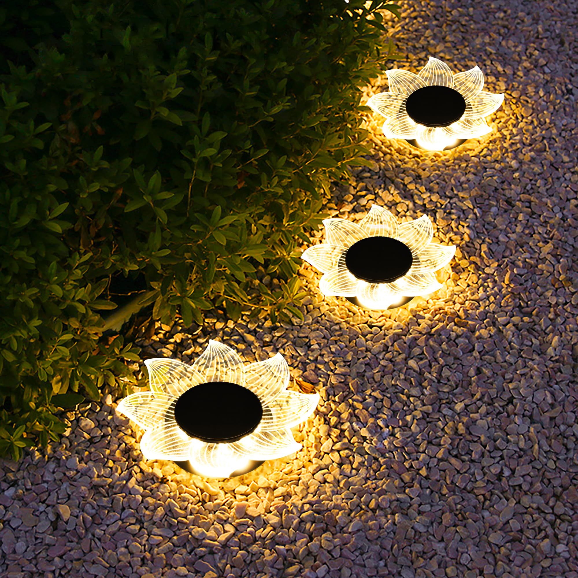 Photo 1 of Roaming Light Solar Flower Shaped In-Ground Lights, 3 Pack Waterproof LED Petal Pathway Lights, Outdoor Acrylic Landscape Lights for Garden Yard Walkway Patio (Sunflower)