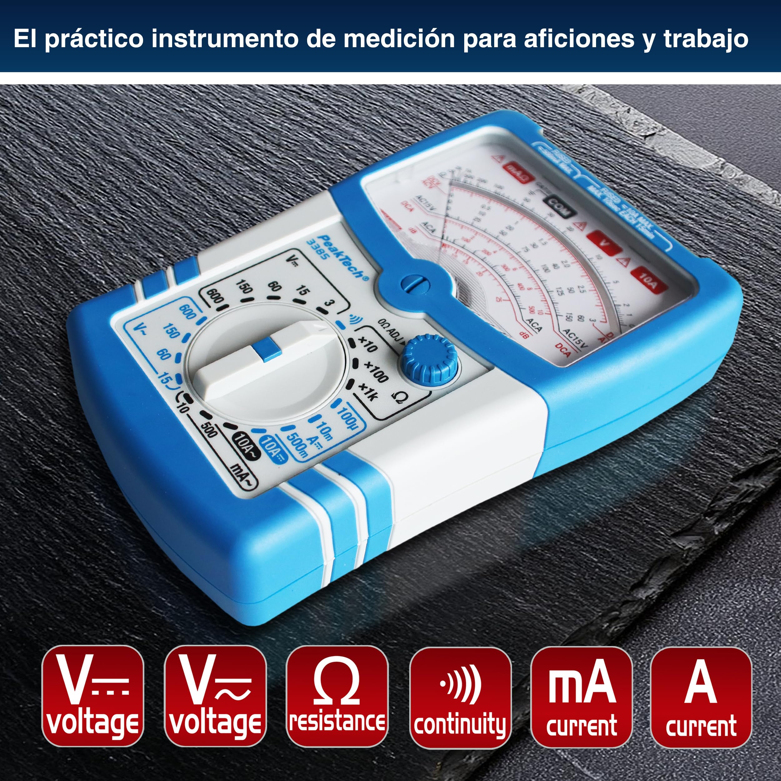 PeakTech, Multímetro analógico P 3385, Aparato de medida con voltímetro, amperímetro, comprobador de continuidad, ohmímetro, Hasta 600V AC DC 10A, Apto para instalación eléctrica de 230V