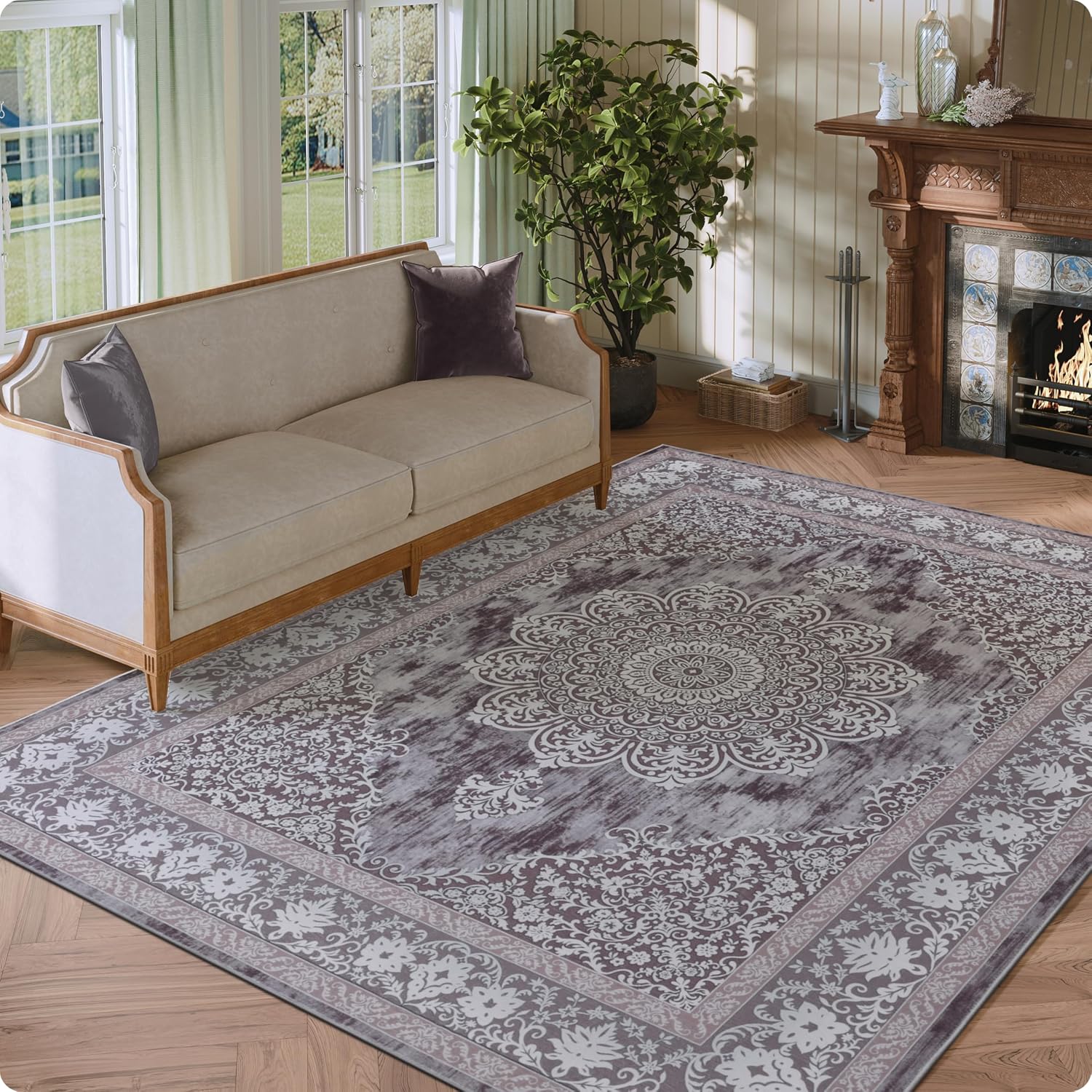 5x7 Area Rug - Low Pile Firm Farmhouse Area Rug, Machine Washable Non-Slip Durable Carpet for High Traffic Living Room Bedroom Dining Room