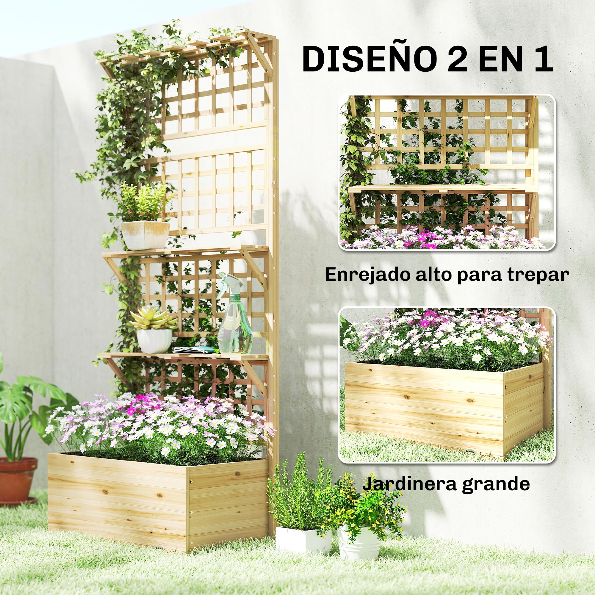 Outsunny Jardinera con Enrejado y Techo de Madera, Jardinera Exterior Grande para Plantas Trepadoras, con 2 Estantes, Drenaje y Forro, Macetero Elevado para Patio, Terraza, 76x43,5x177 cm, Natural