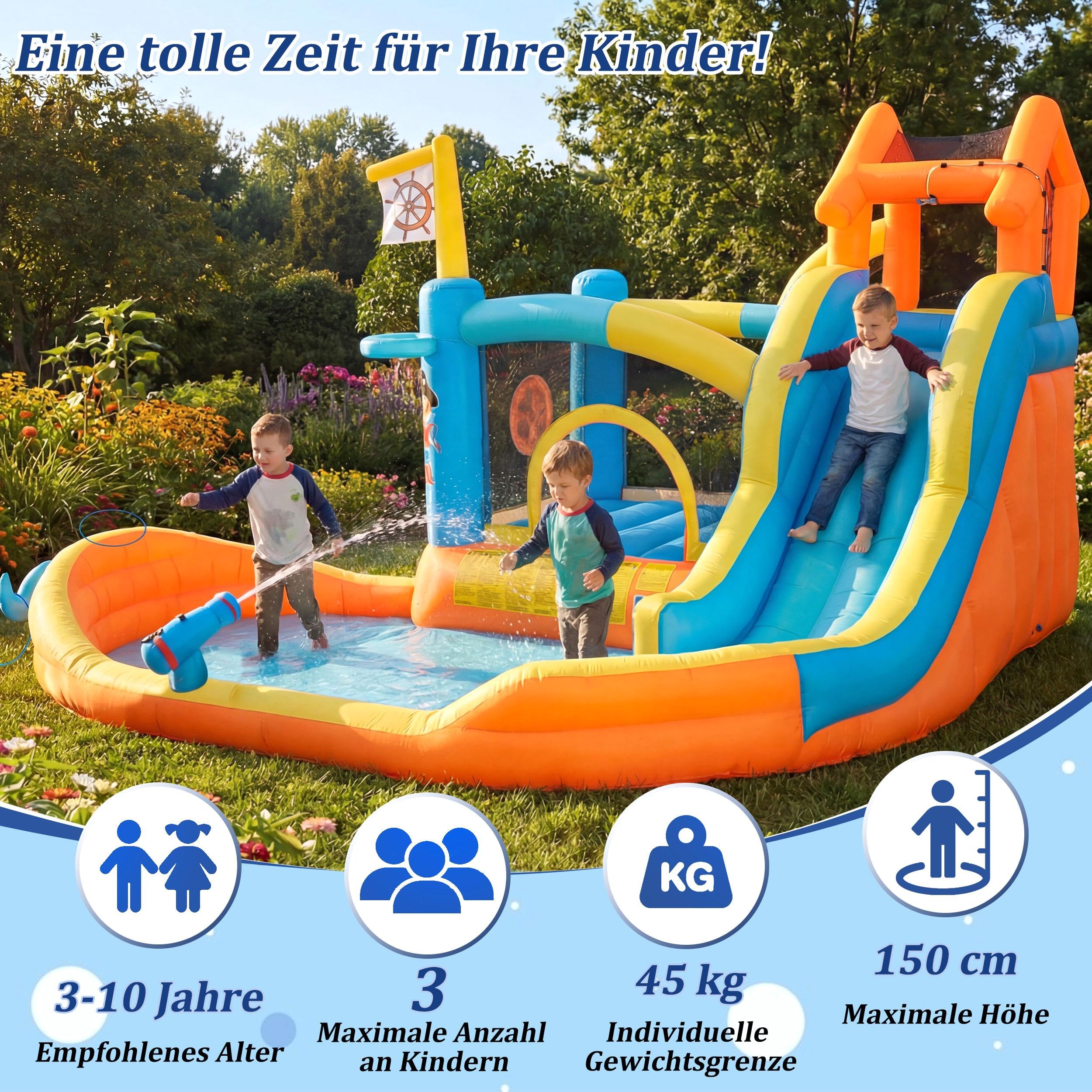 UEV Aufblasbare Hüpfburg XXL Indoor & Outdoor mit Gebläse 450W, extra breiter Wasserrutsche, für Kleinkinder (3-10 Jahre), EN71-1/2/3, Kindergeburtstag (414 x 364x 244 cm)