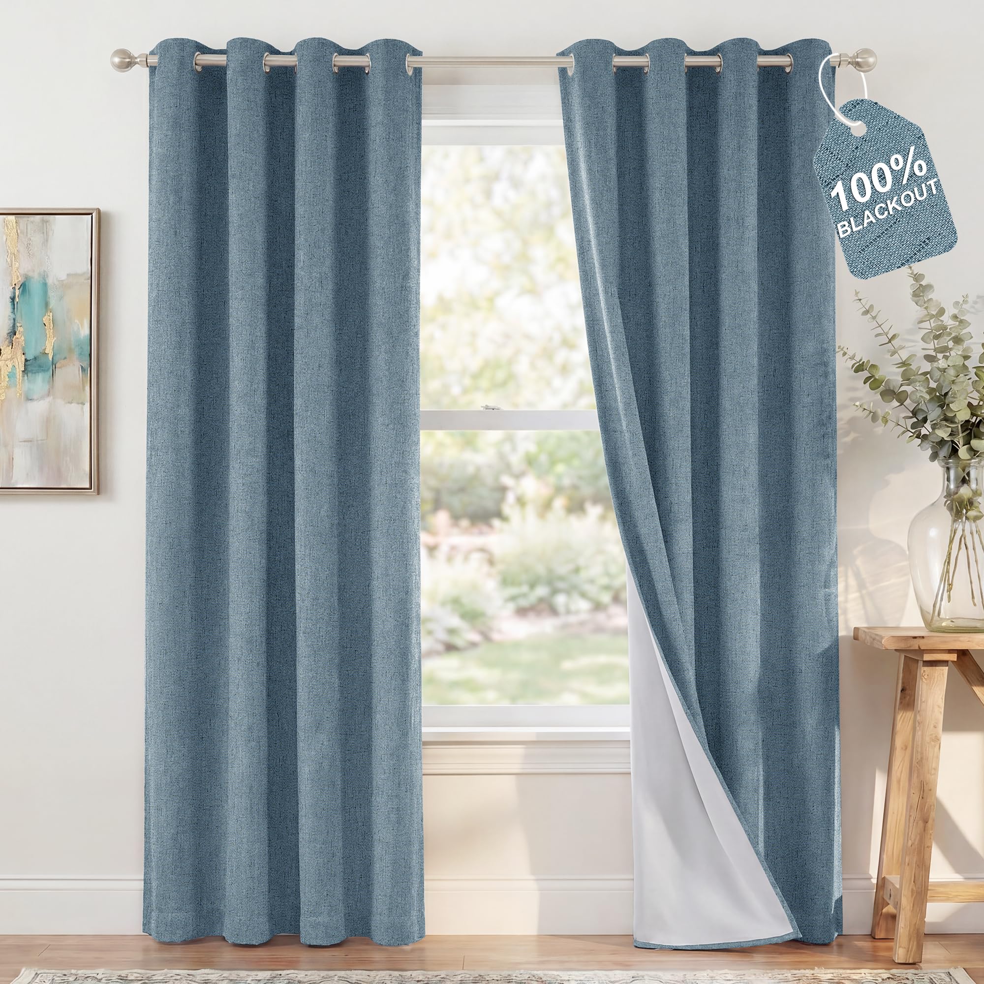 NICETOWN Tall Window 100% Blackout Stone Blue Bedroom Curtains W52xL108