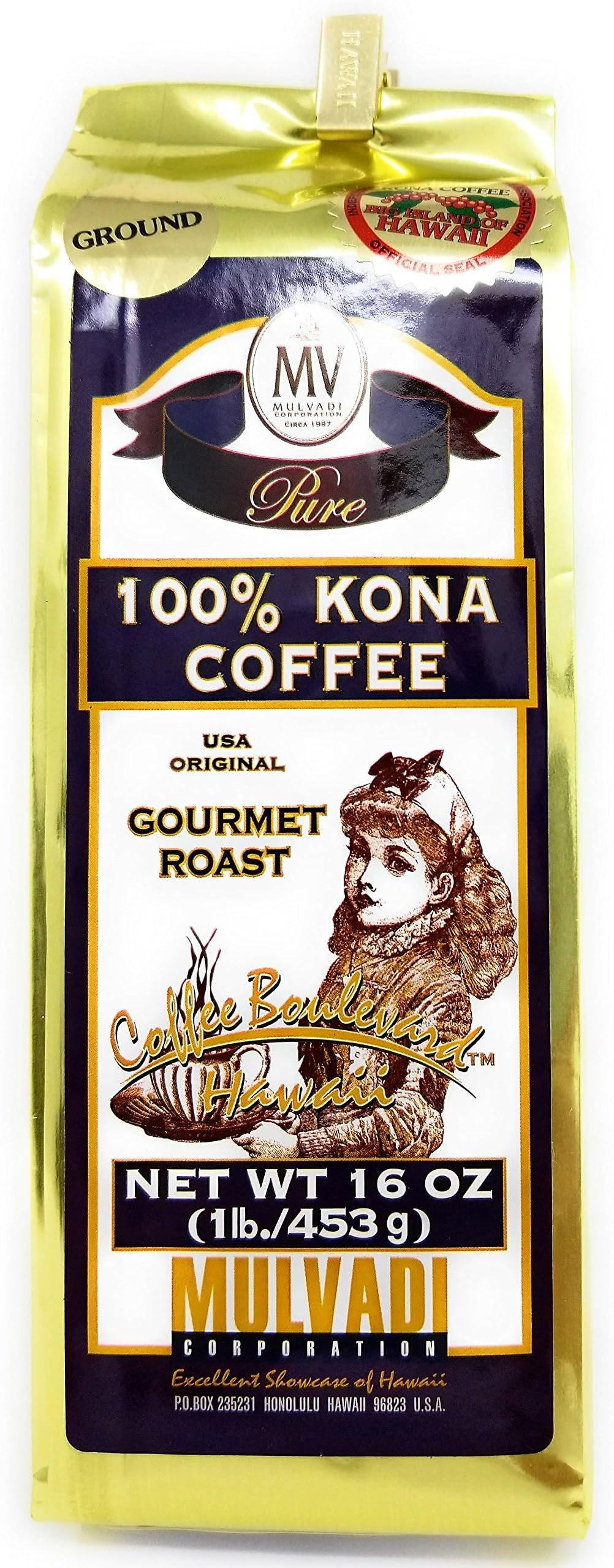 Mulvadi 100% Hawaii Kona Coffee Ground Gourmet Roast (16 Oz./453 g)