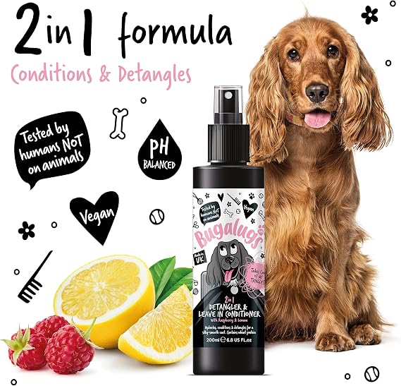 BUGALUGS Dog Detangler Spray, leave In conditioner spray de matting. No tangles. Professional dog grooming formula Wheat protein. Pet detangling spray knot removal (Detangler 200ml) (BSDTRLM200)