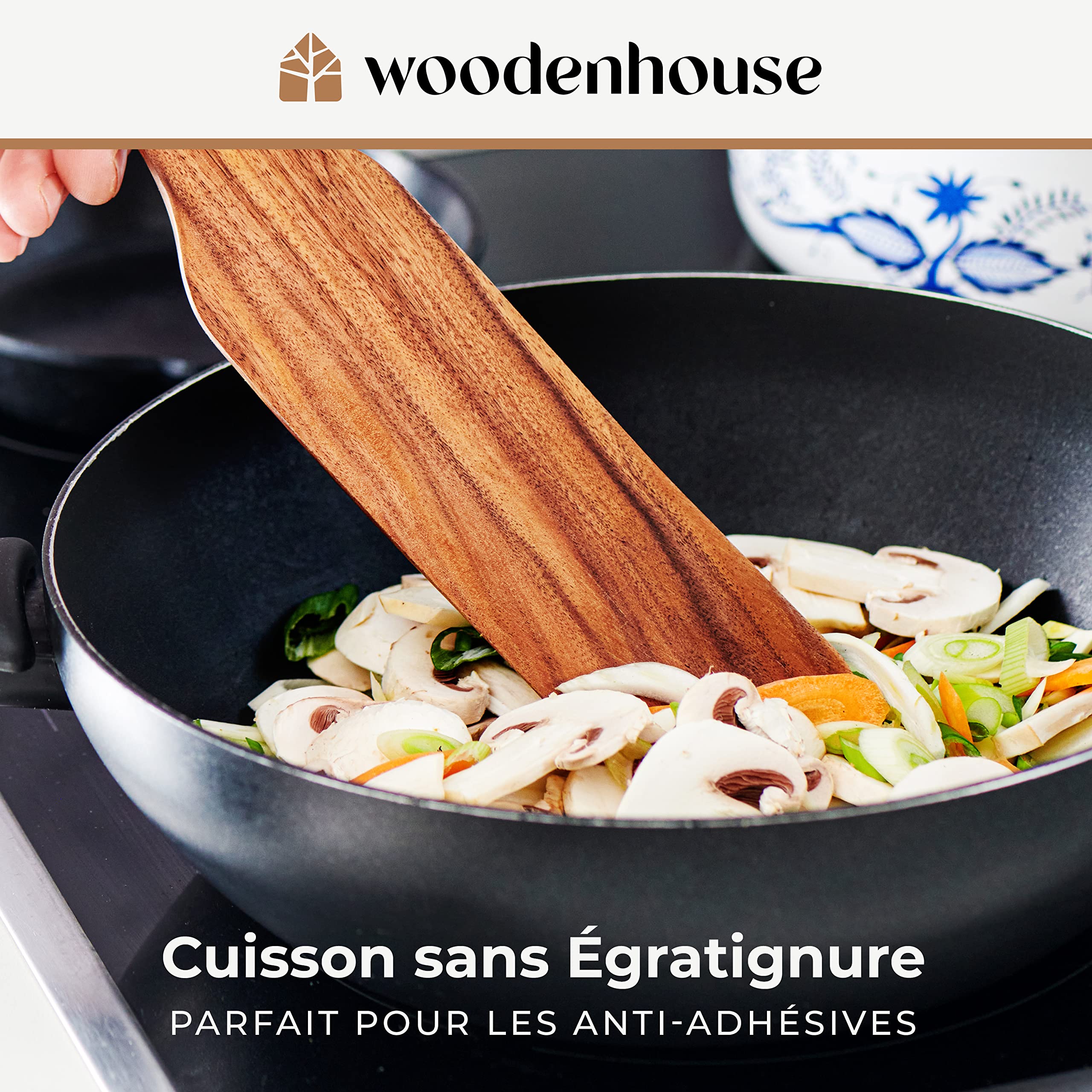 Spurtle en Bois - Lot de 5 Ustensiles de Cuisine Bois Anti-Rayures - 5 Spatules Longues pour Mélanger, Retourner, Gratter et Servir Vos Plats - Spatule Bois Cuisine en Teck, Facile à Nettoyer