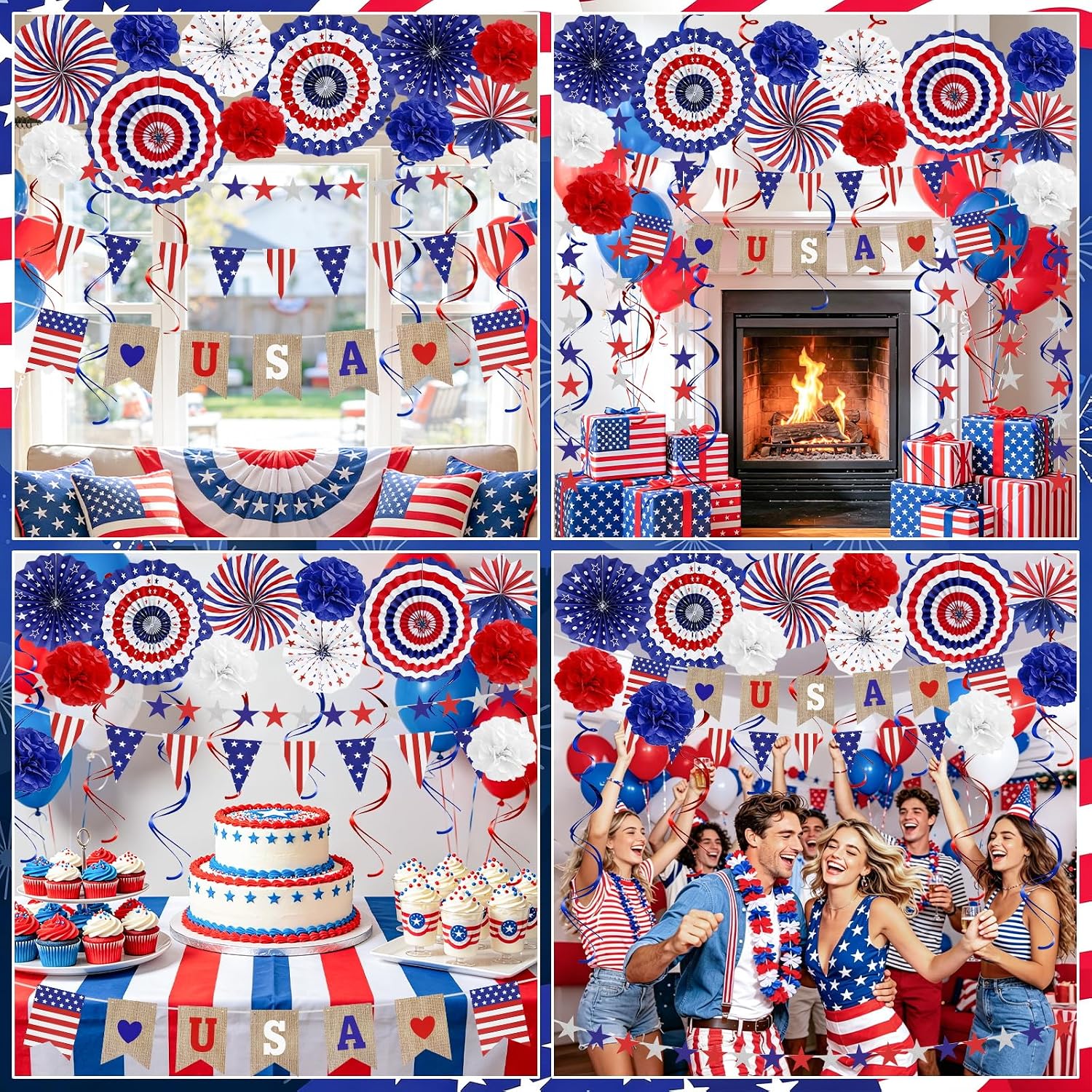 4th of July Patriotic Decorations Set LOVE USA Banner Red White Blue Paper Fans USA Flag Pennant Star Streamer Banner Pom Poms Hanging Swirls for Patriotic Memorial Day Independence Day Party Supplies
